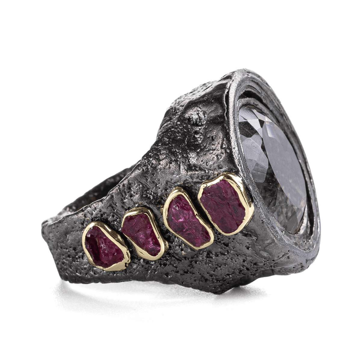 Ljoss Singular Edition Natural Smoky Quartz & Raw Ruby Silver Ring