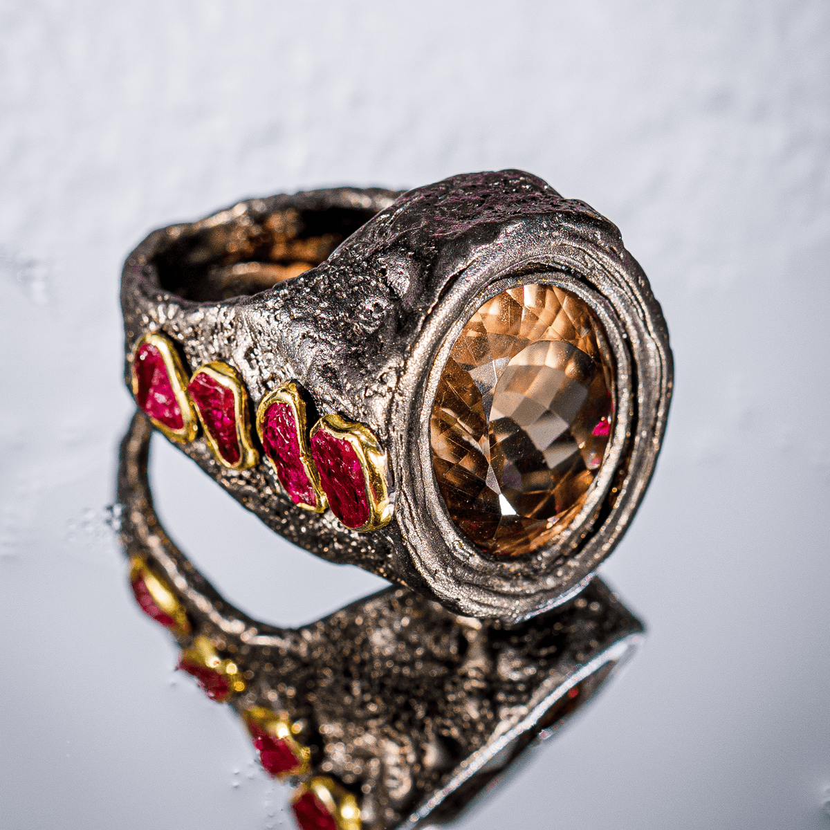 Ljoss Singular Edition Natural Smoky Quartz & Raw Ruby Silver Ring