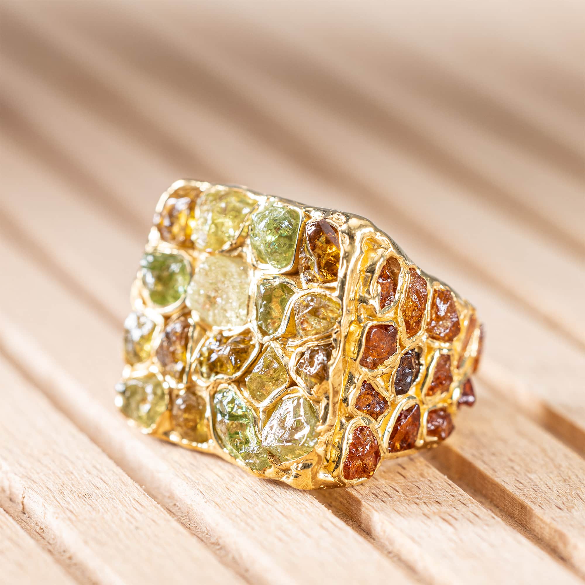 Eris Singular Design Gold Plated Silver Signet Ring with Spessartine & Mali Garnet