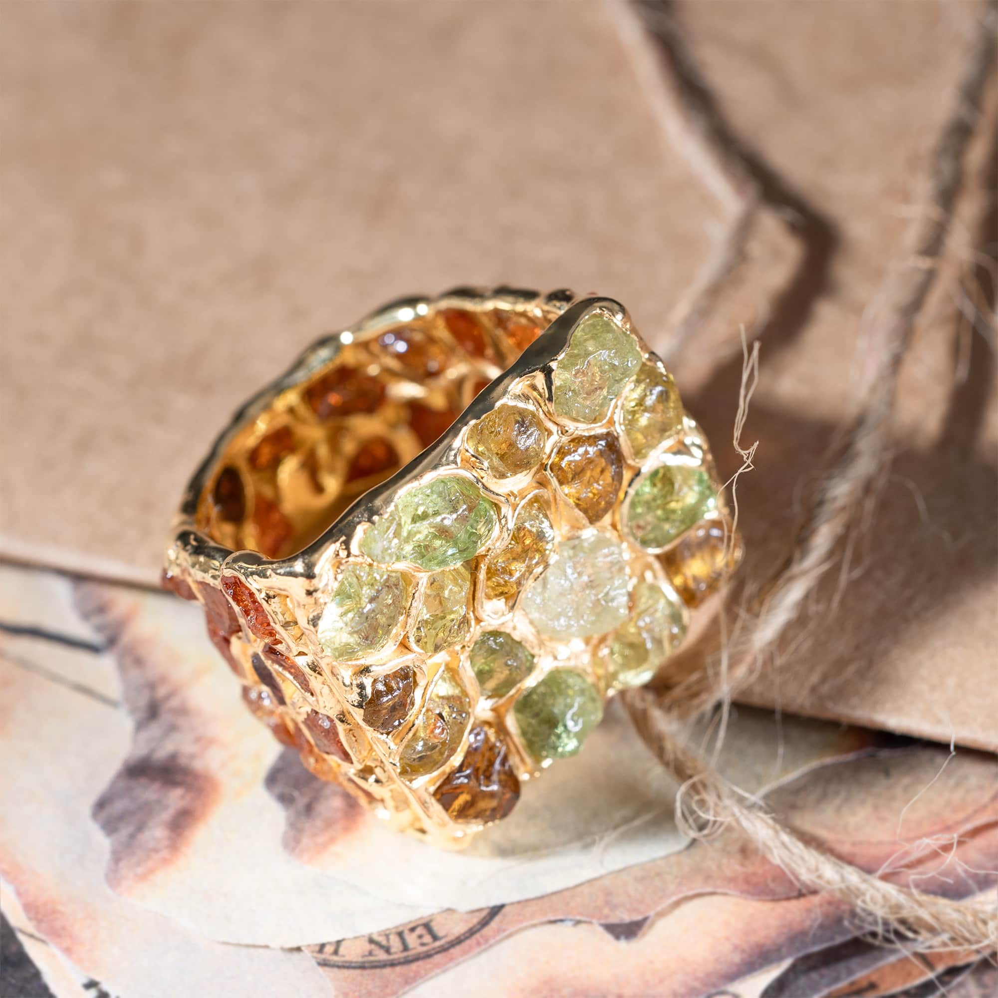 Eris Singular Design Gold Plated Silver Signet Ring with Spessartine & Mali Garnet
