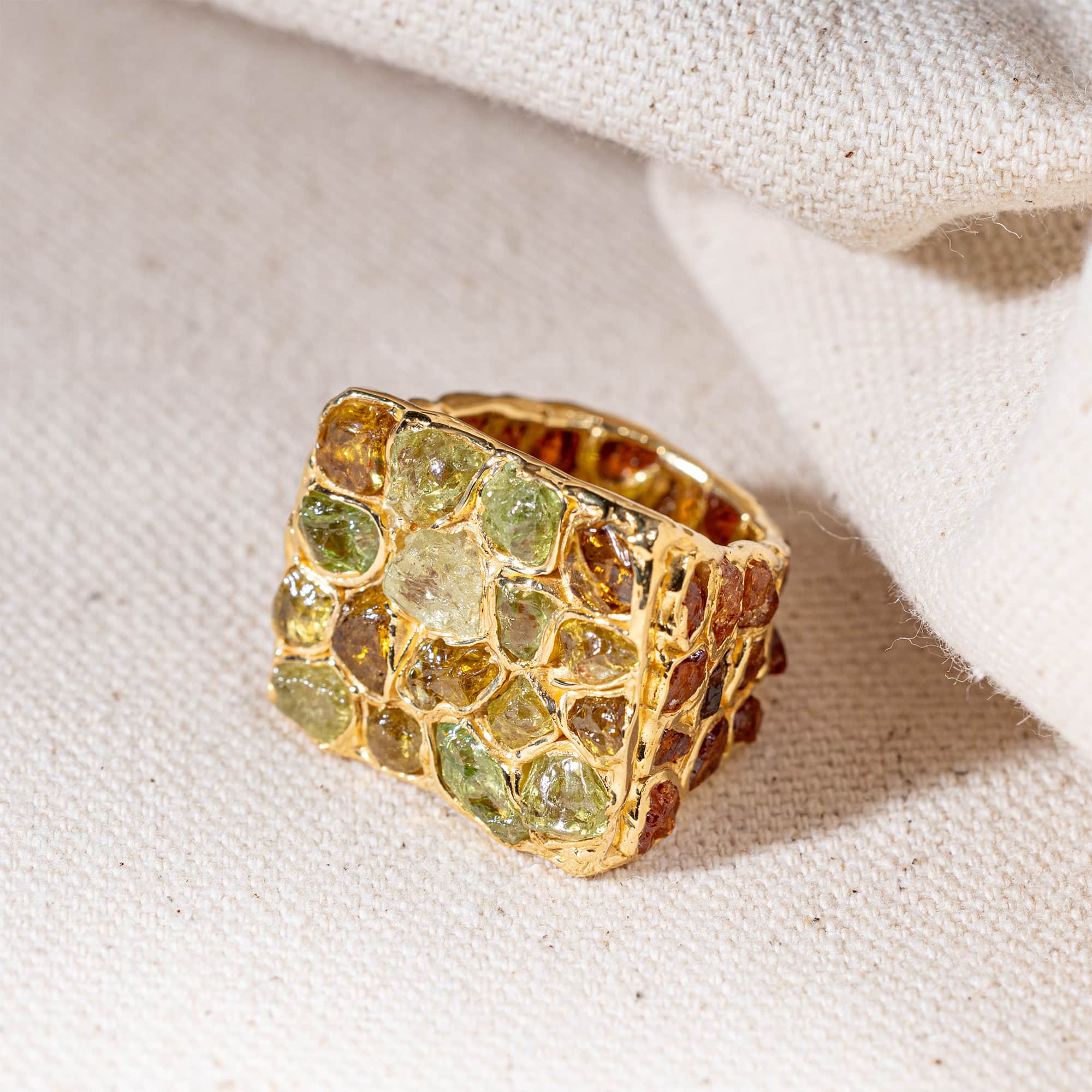 Eris Singular Design Gold Plated Silver Signet Ring with Spessartine & Mali Garnet