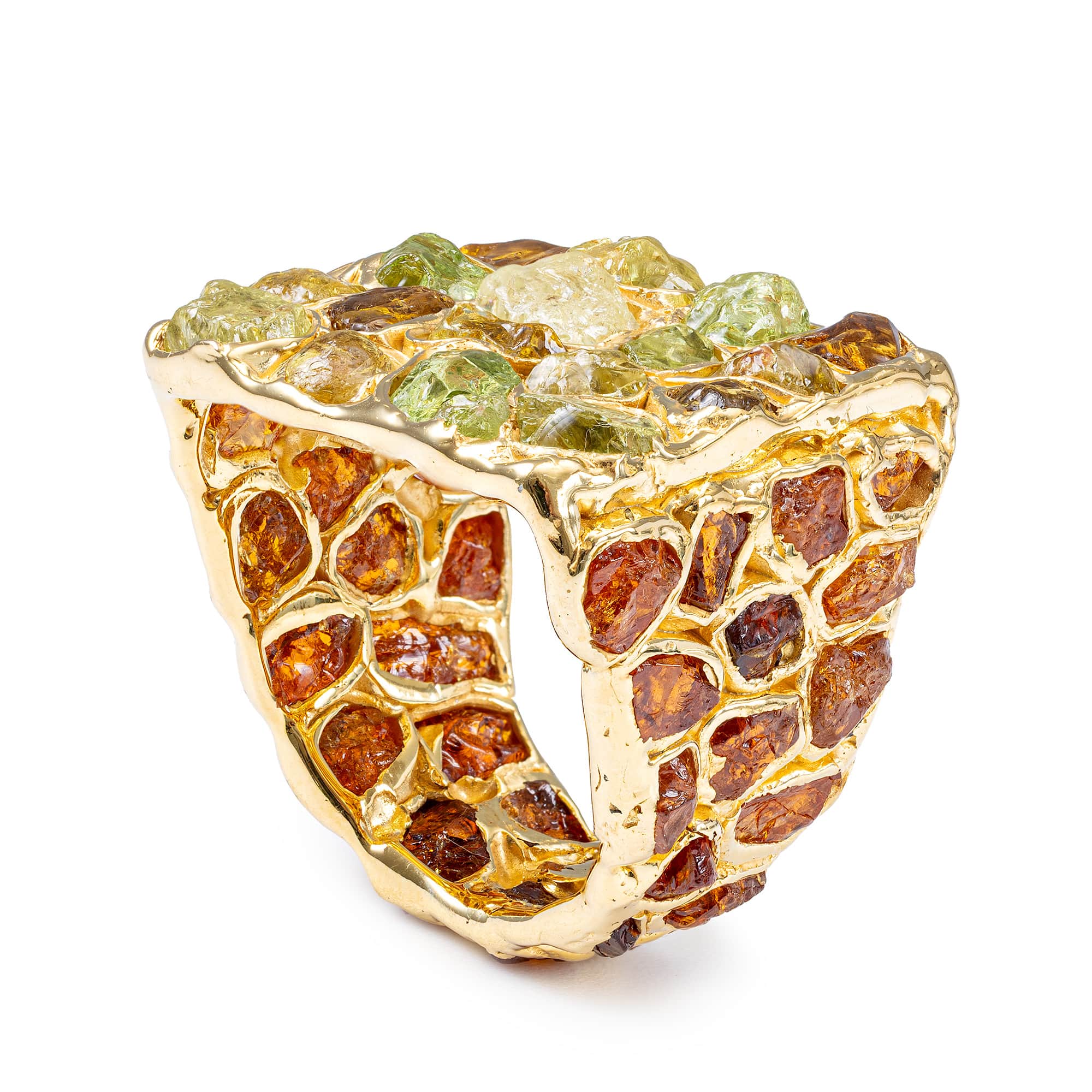 Eris Singular Design Gold Plated Silver Signet Ring with Spessartine & Mali Garnet