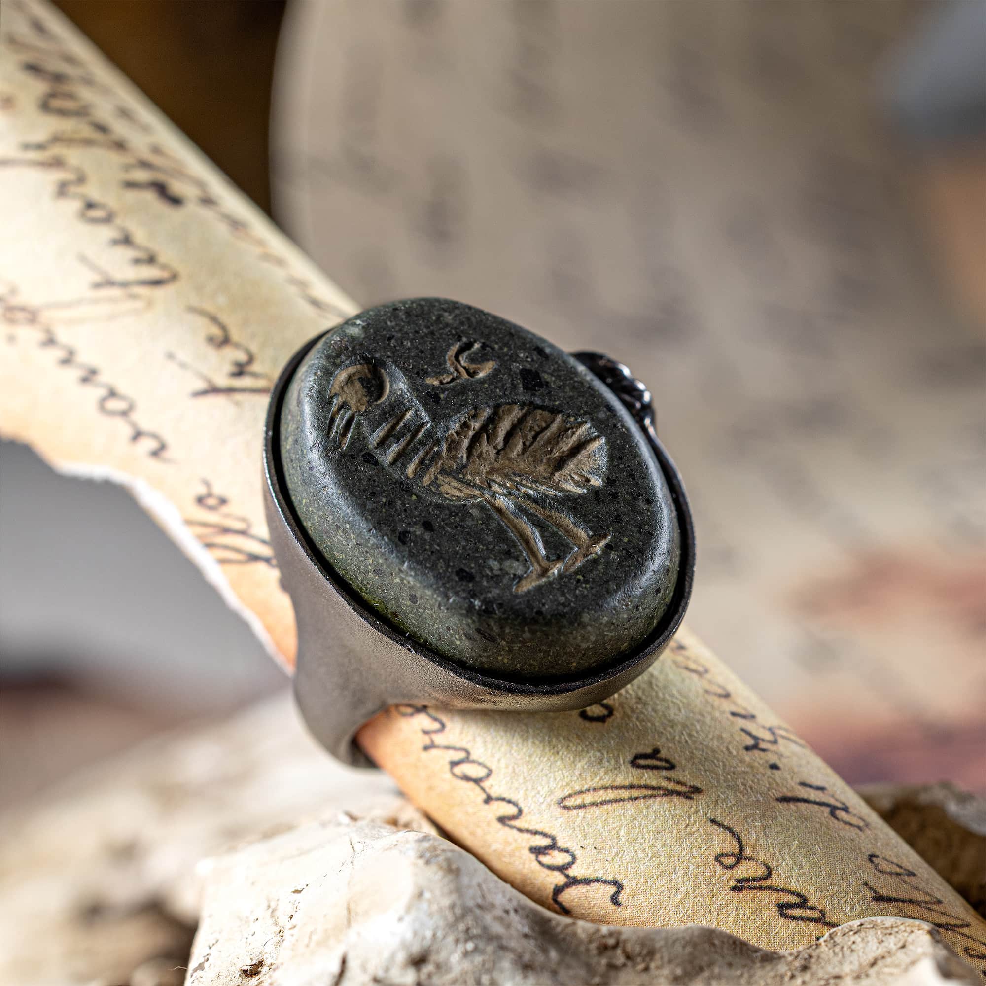 Thoth Silver Ring with Ancient Near Eastern Steatite Ibis Amulet & Natural Rough Ruby