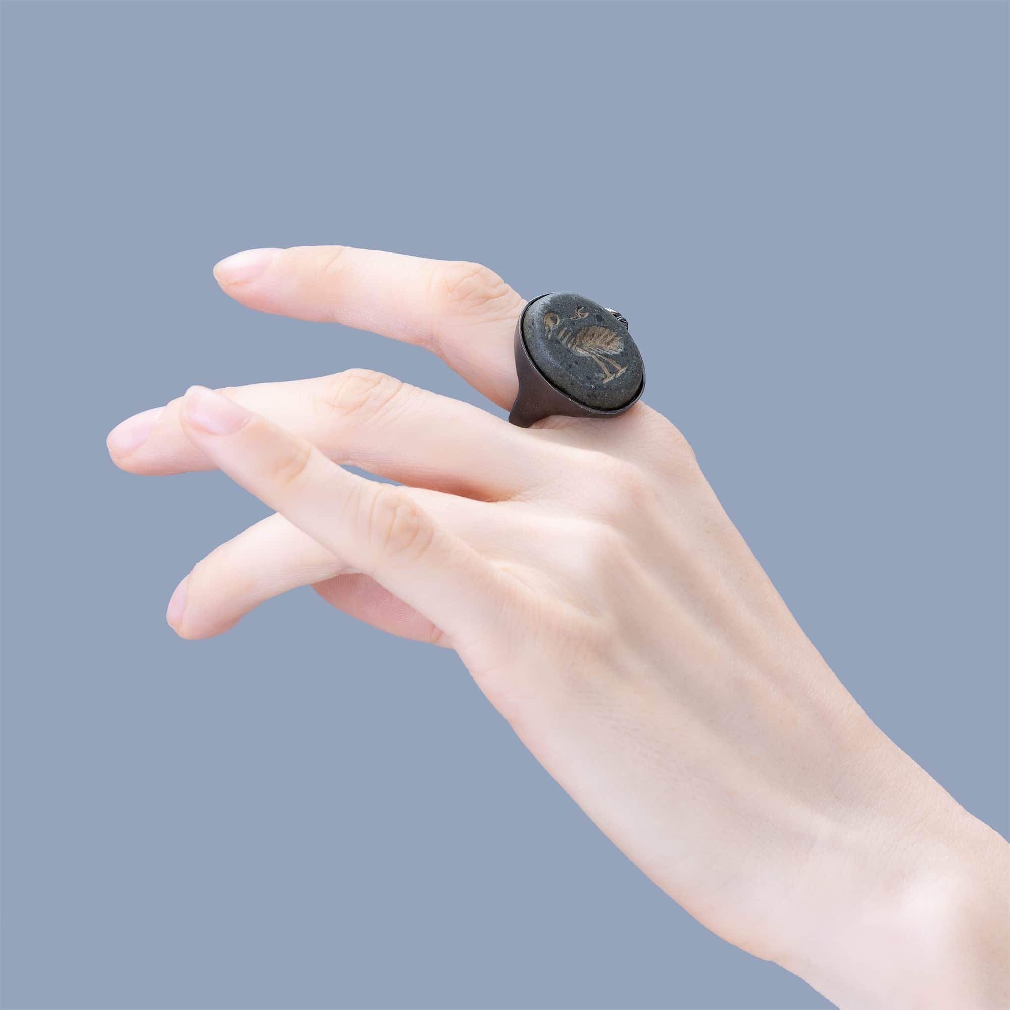 Thoth Silver Ring with Ancient Near Eastern Steatite Ibis Amulet & Natural Rough Ruby