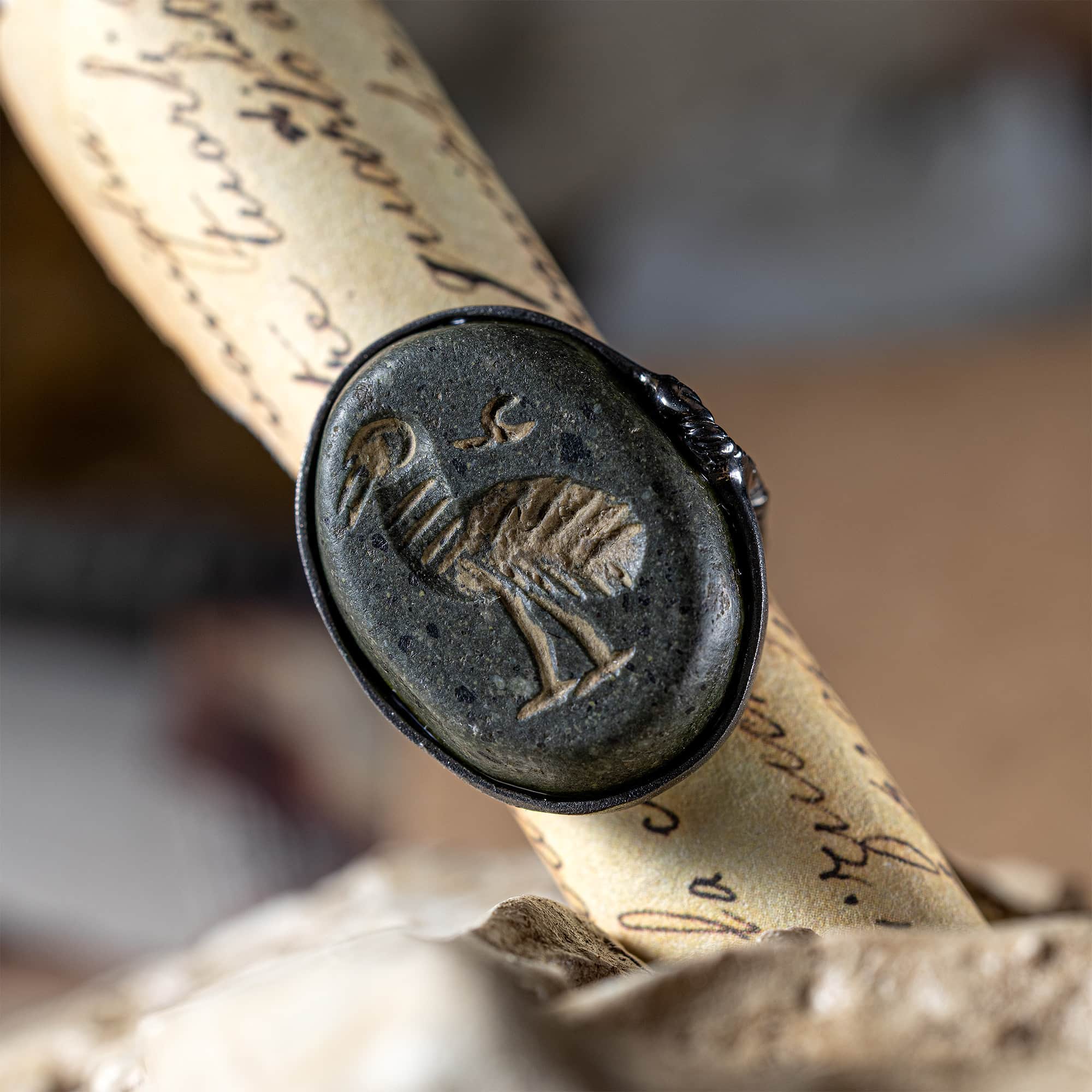 Thoth Silver Ring with Ancient Near Eastern Steatite Ibis Amulet & Natural Rough Ruby