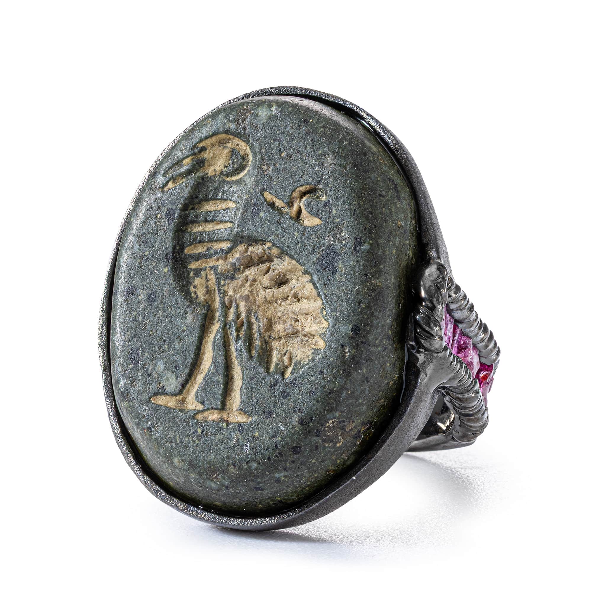 Thoth Silver Ring with Ancient Near Eastern Steatite Ibis Amulet & Natural Rough Ruby