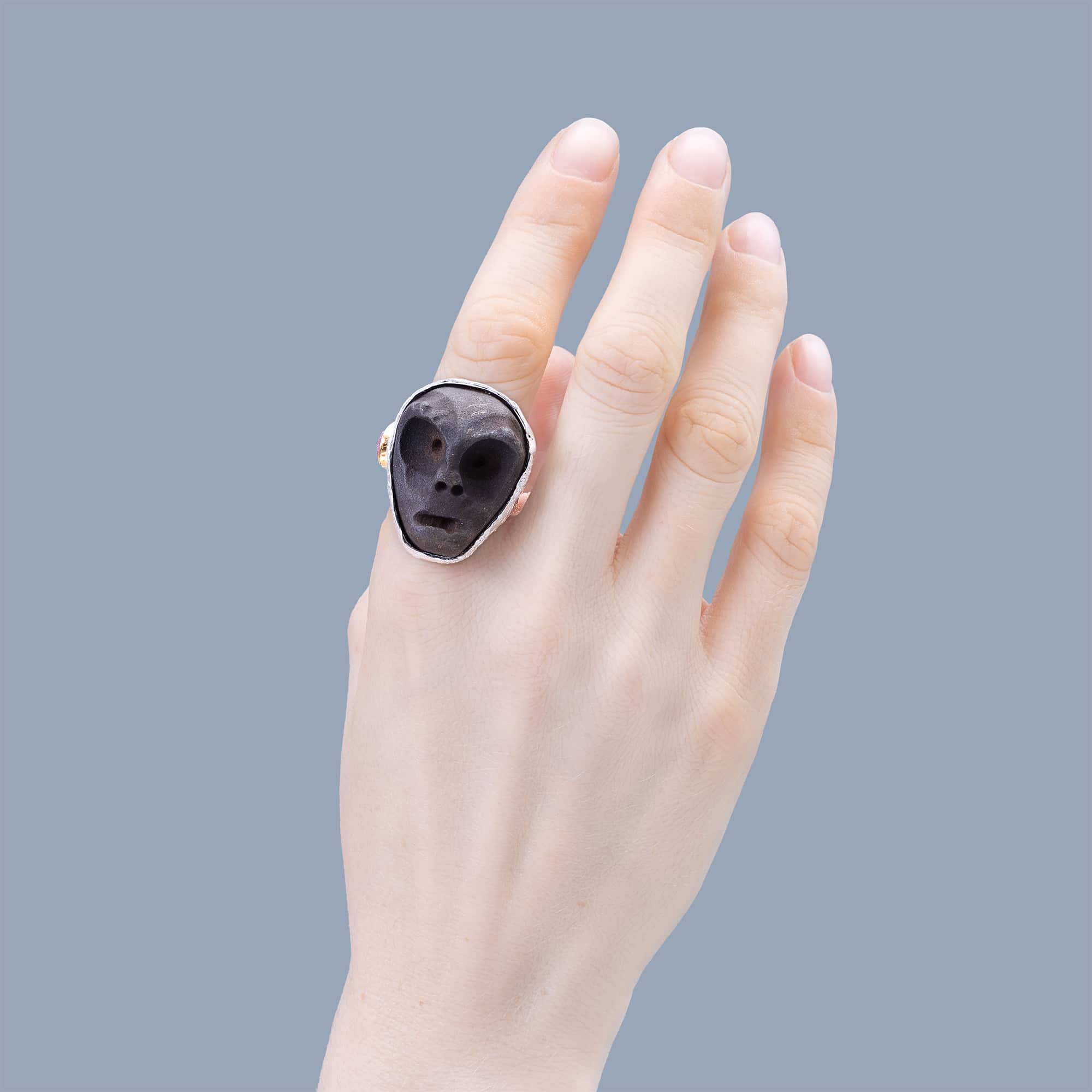 Moros Sterling Silver Ring with Ancient Mediterranean Limestone Maskette & Natural Rough Ruby