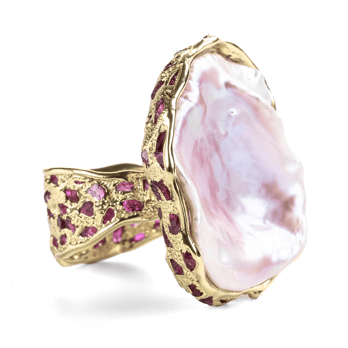 Desher Singular Edition Natural Baroque Pearl & Raw Ruby Silver Ring