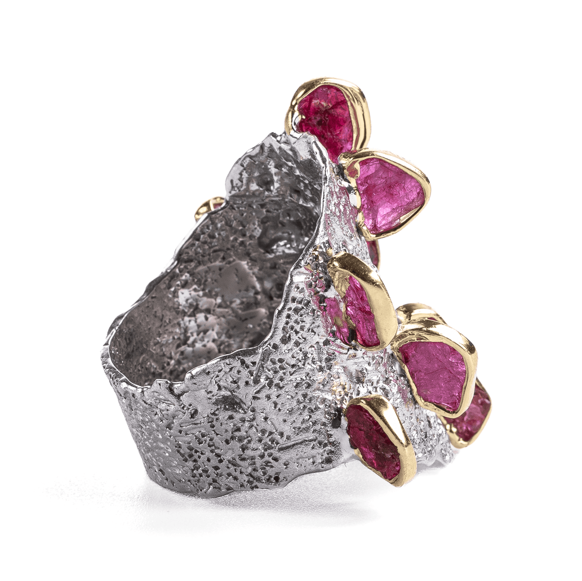 Akhu Singular Edition Wide Band Natural Raw Ruby Silver Ring