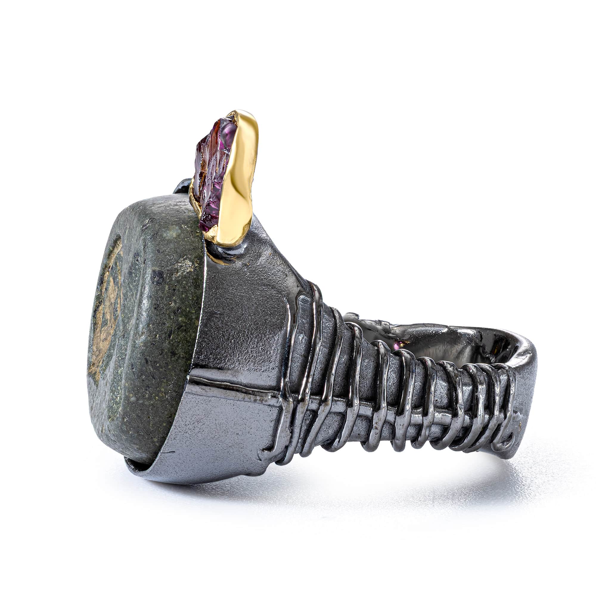 Faravahr Sterling Silver Ring with Antique Near Eastern Sasanian Hemispherical Stamp & Raw Ruby