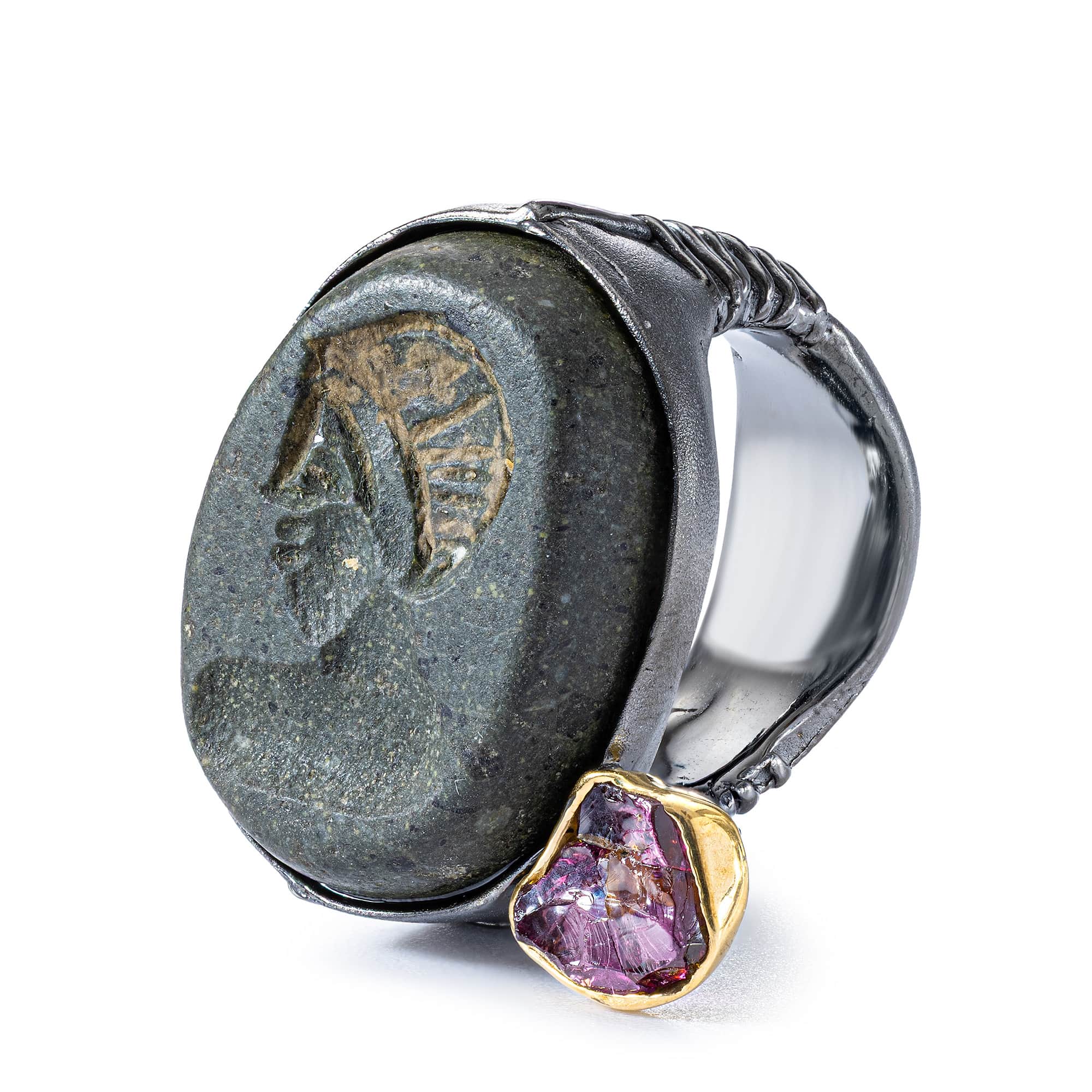 Faravahr Sterling Silver Ring with Antique Near Eastern Sasanian Hemispherical Stamp & Raw Ruby