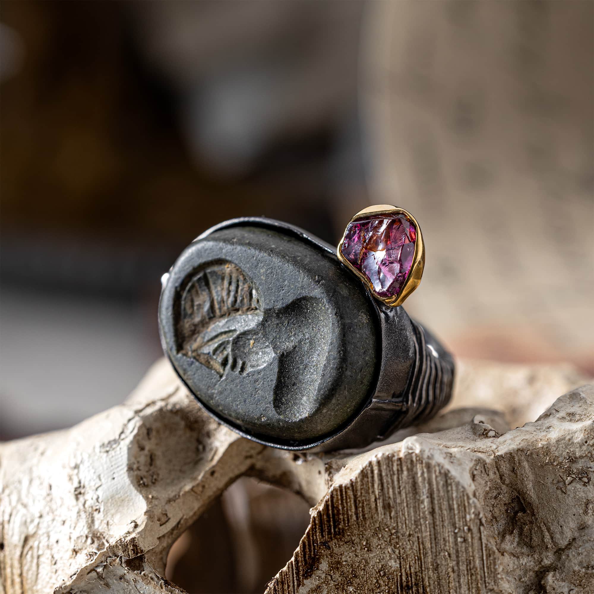 Faravahr Sterling Silver Ring with Antique Near Eastern Sasanian Hemispherical Stamp & Raw Ruby