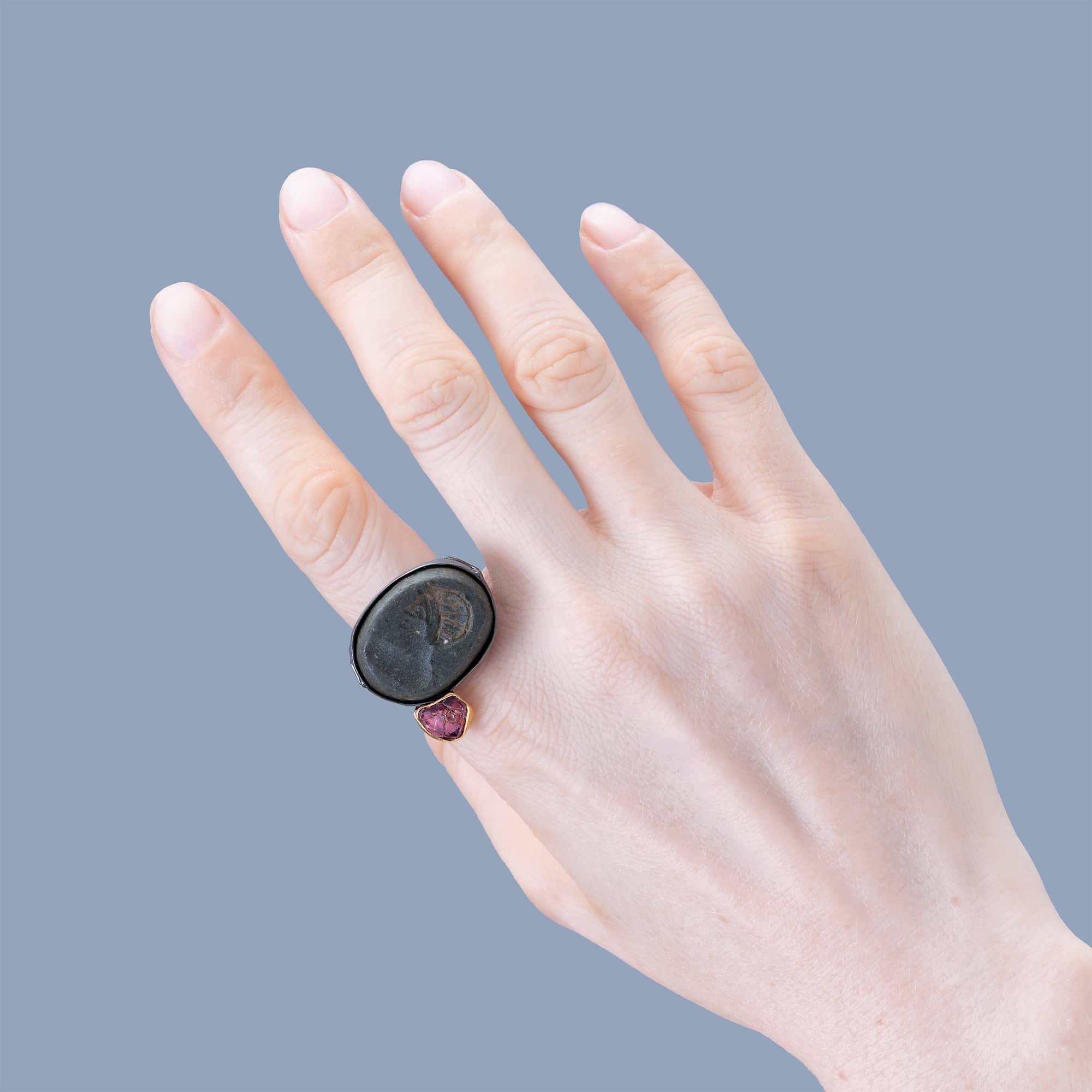 Faravahr Sterling Silver Ring with Antique Near Eastern Sasanian Hemispherical Stamp & Raw Ruby
