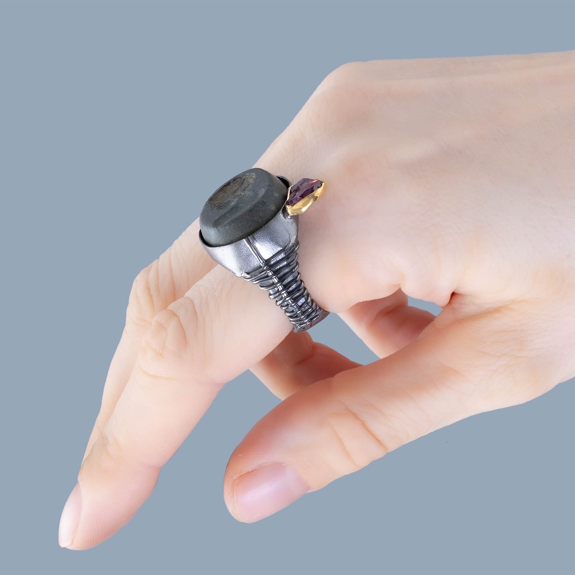 Faravahr Sterling Silver Ring with Antique Near Eastern Sasanian Hemispherical Stamp & Raw Ruby