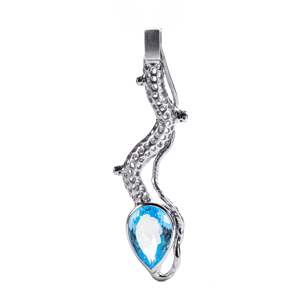 Clarus Singular Edition Natural Pear Cut Large Blue Topaz & Little Green Sapphires Silver Pendant