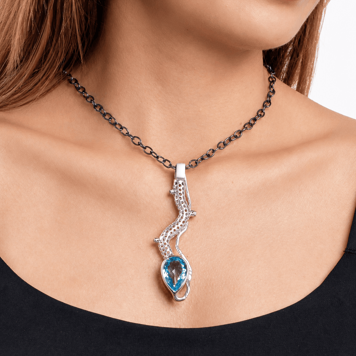 Clarus Singular Edition Natural Pear Cut Large Blue Topaz & Little Green Sapphires Silver Pendant
