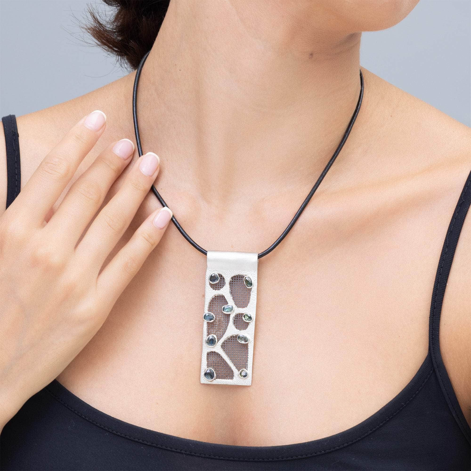 Ephyra One-of-a-Kind Handcrafted Silver & Titanium Mesh Pendant with Blue Sapphire