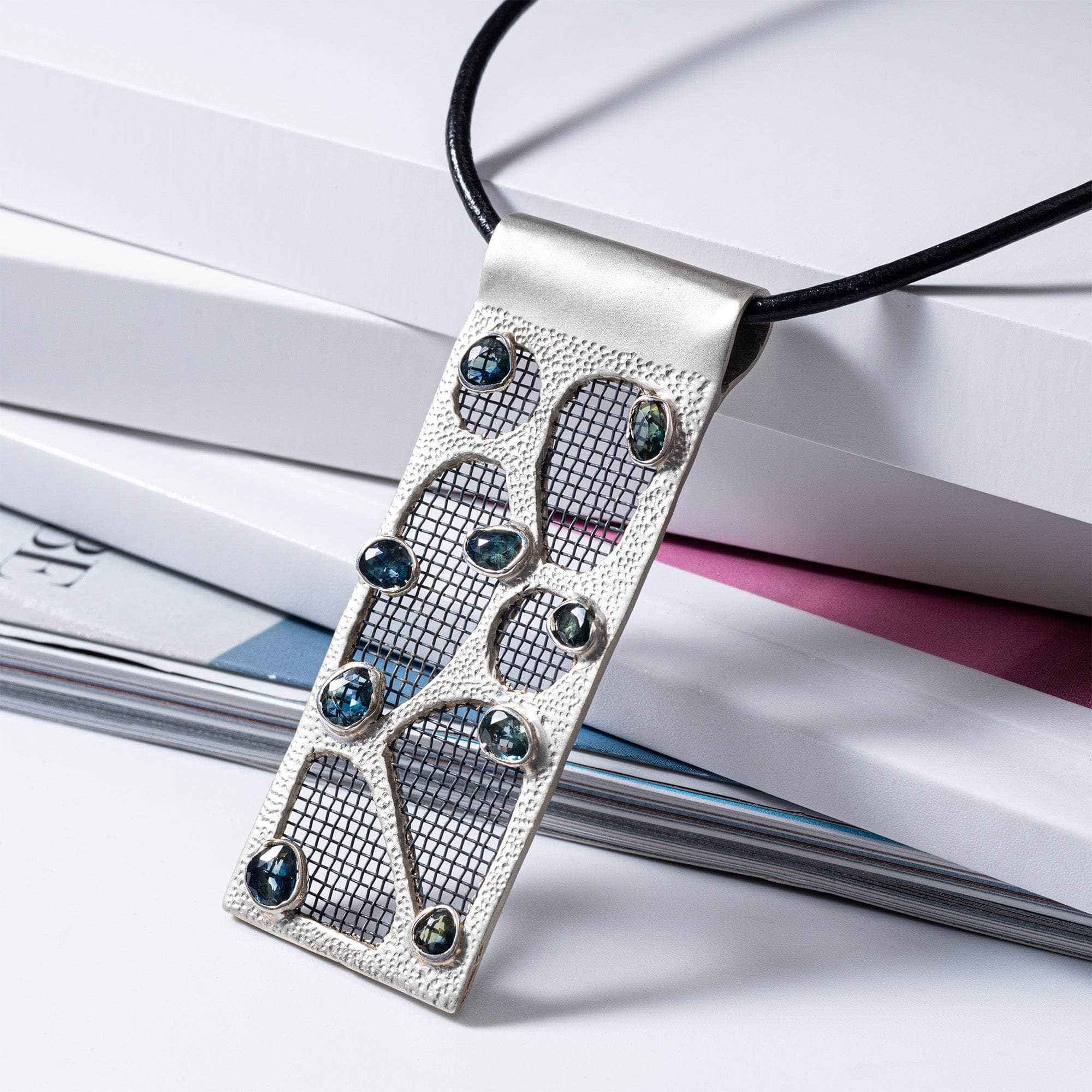 Ephyra One-of-a-Kind Handcrafted Silver & Titanium Mesh Pendant with Blue Sapphire