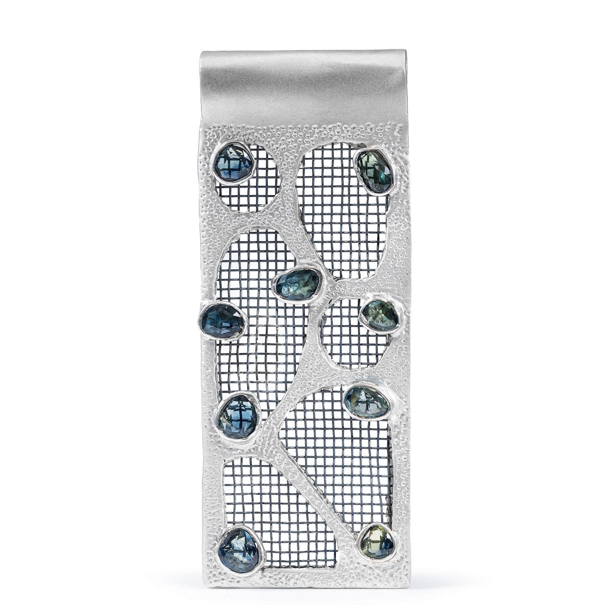 Ephyra One-of-a-Kind Handcrafted Silver & Titanium Mesh Pendant with Blue Sapphire
