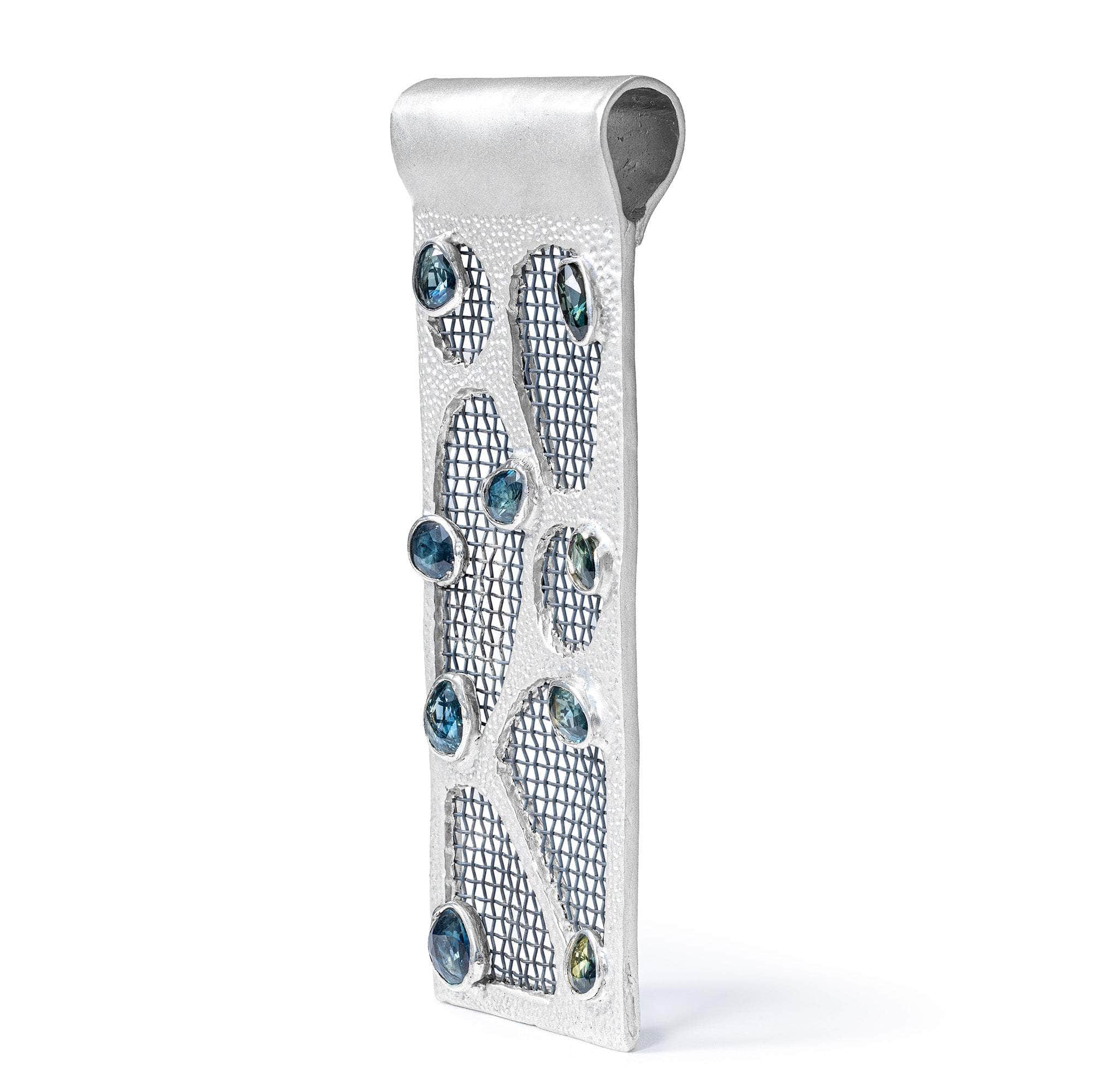 Ephyra One-of-a-Kind Handcrafted Silver & Titanium Mesh Pendant with Blue Sapphire