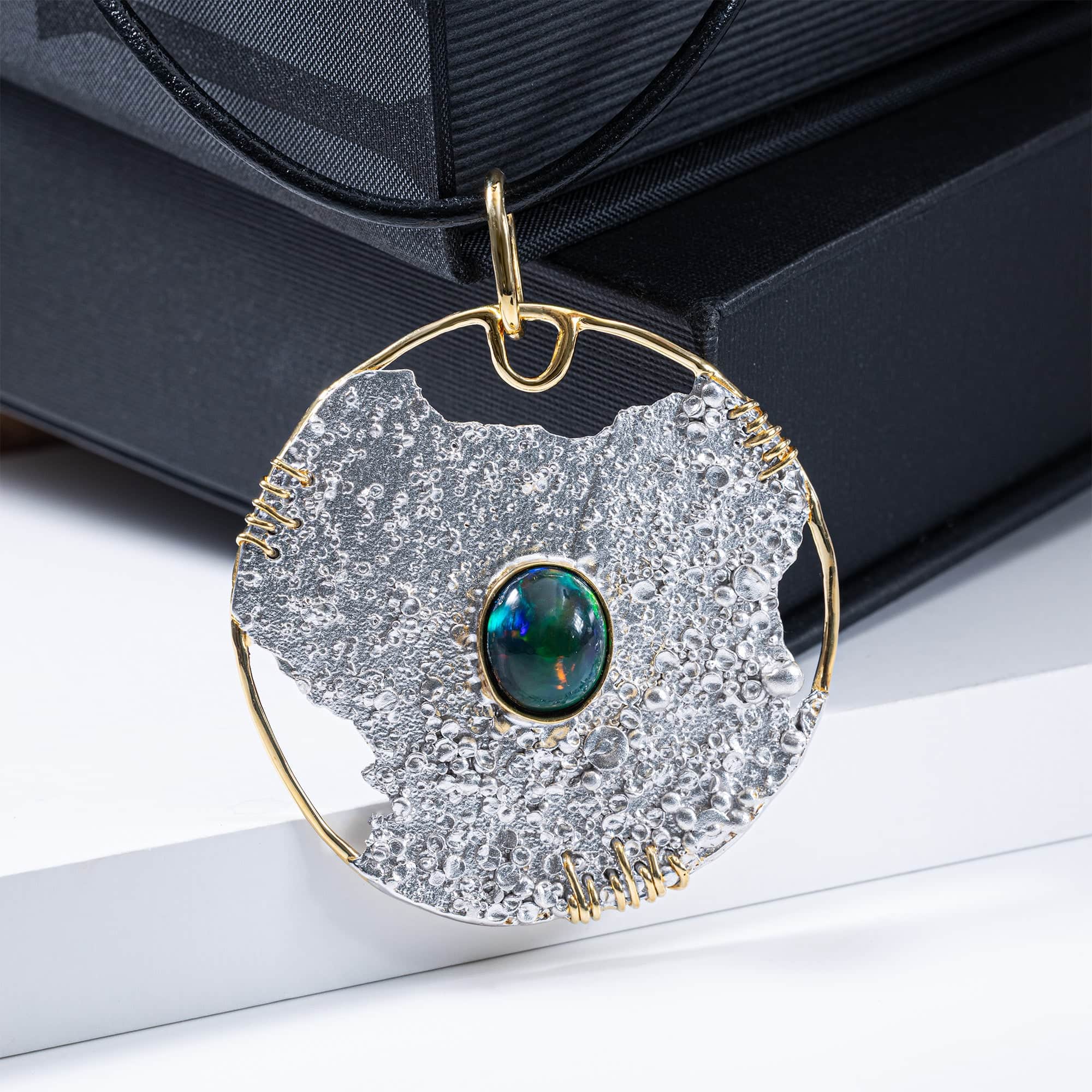 Anzu Singular Edition Handcrafted Textured Silver Pendant with Black Opal Cabochon