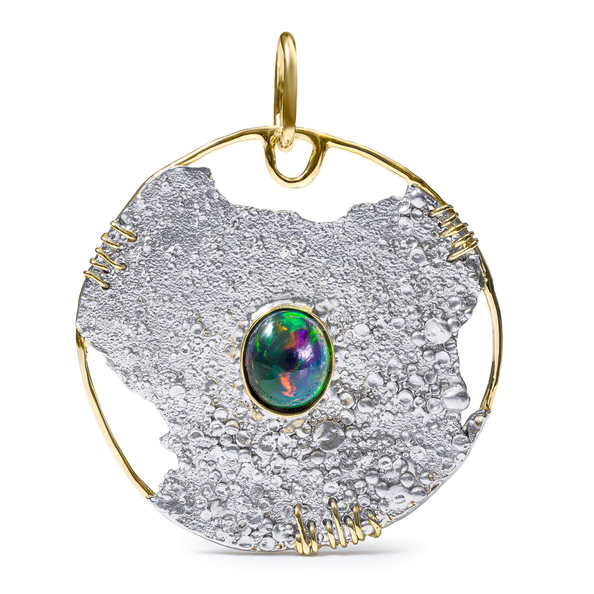 Anzu Singular Edition Handcrafted Textured Silver Pendant with Black Opal Cabochon