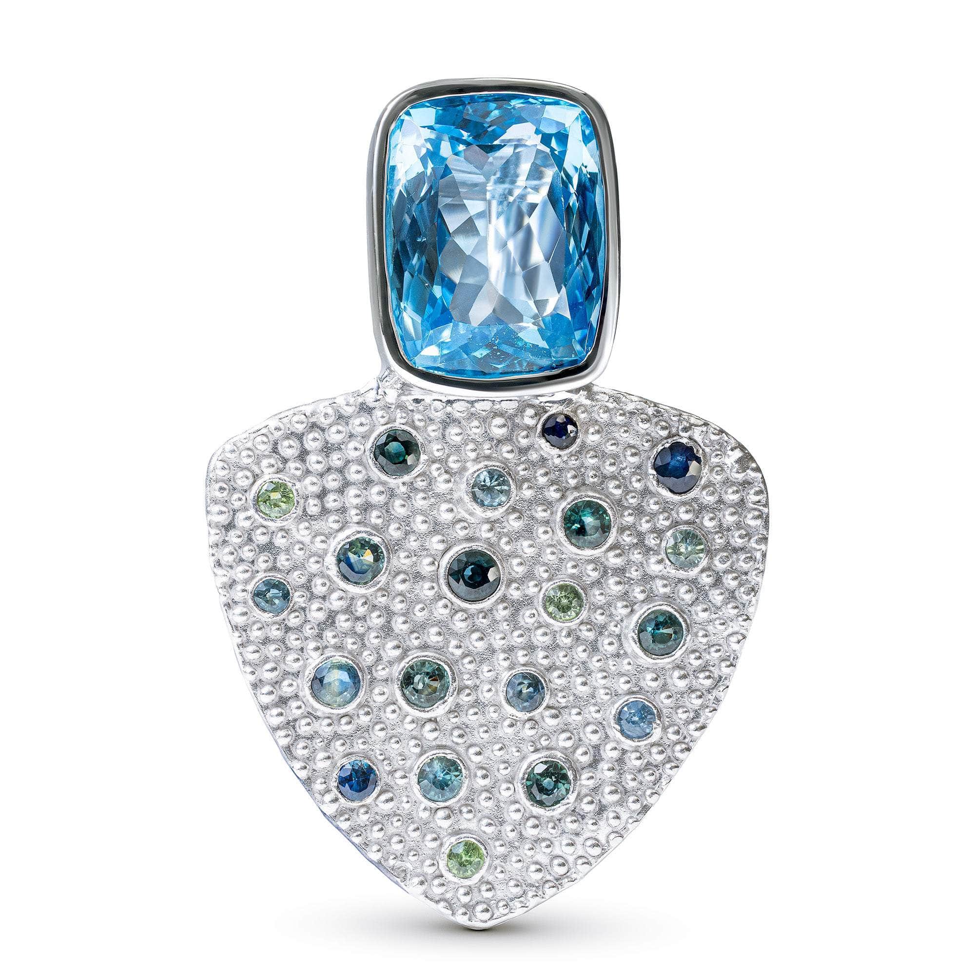 Morrigan One of a Kind Pendant in White Rhodium Plated Sterling Silver with Blue Topaz and Blue and Green Sapphires