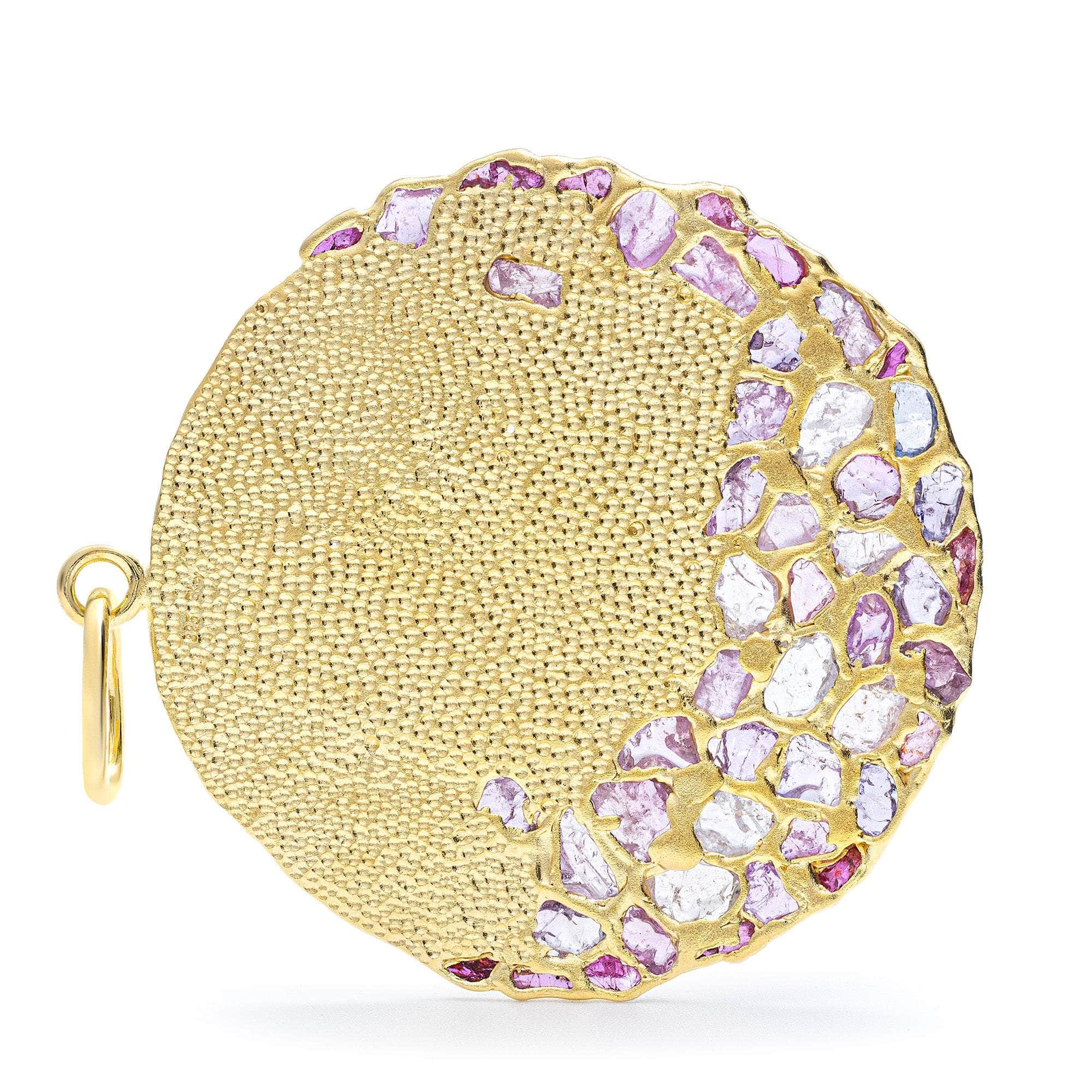 Hera Disc Pendant in 14K Gold-Plated Silver with Organic Texture and 48 Raw Pink Sapphire and Ruby Gemstones