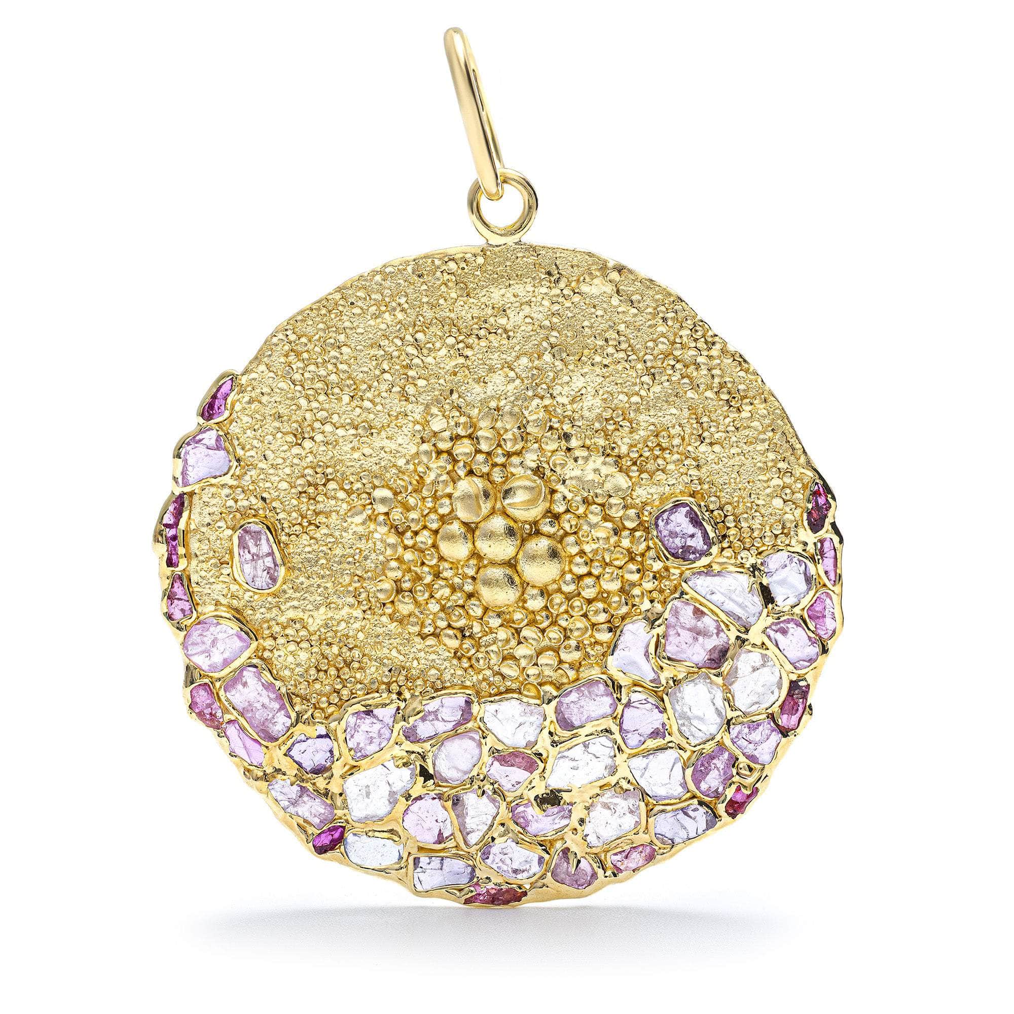 Hera Disc Pendant in 14K Gold-Plated Silver with Organic Texture and 48 Raw Pink Sapphire and Ruby Gemstones