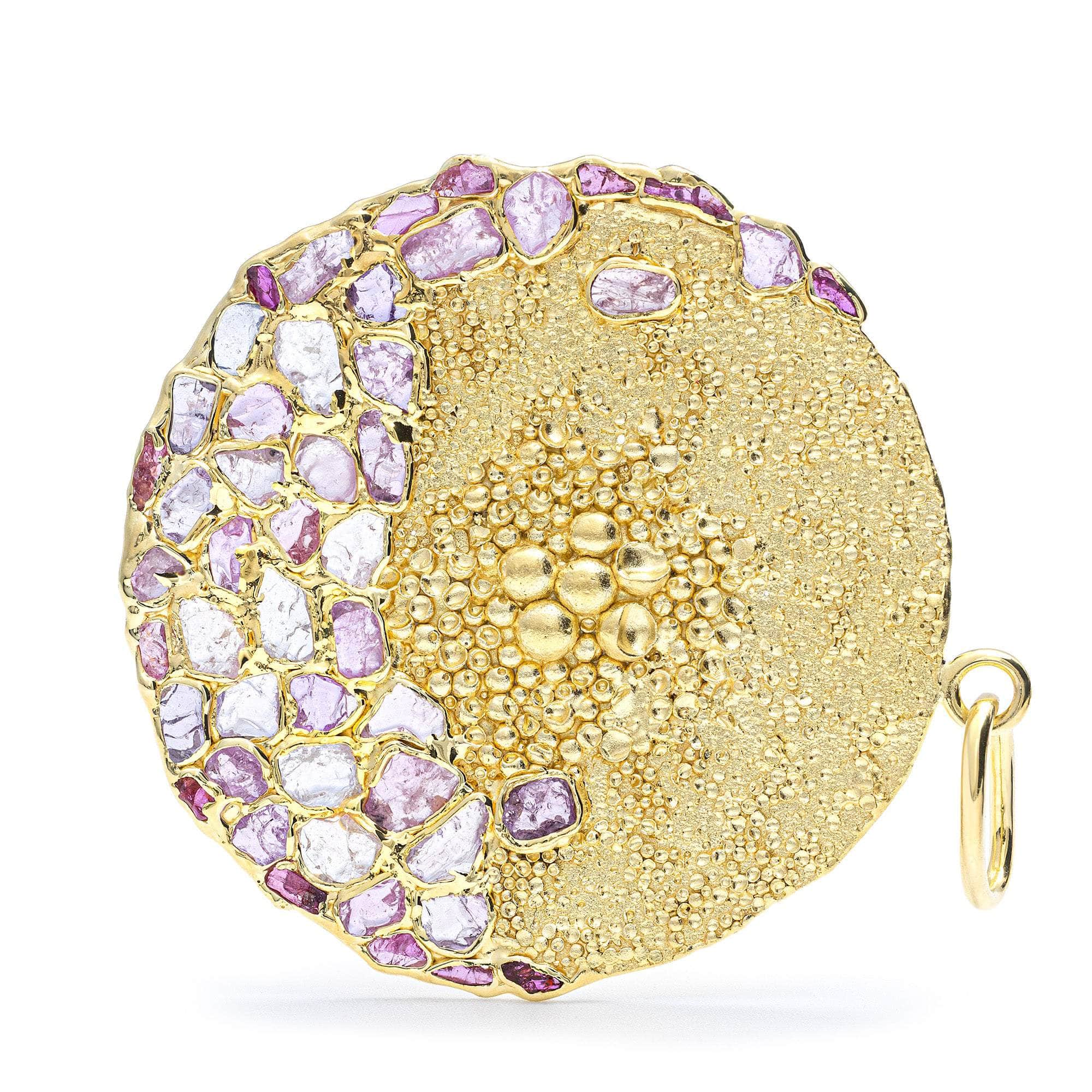 Hera Disc Pendant in 14K Gold-Plated Silver with Organic Texture and 48 Raw Pink Sapphire and Ruby Gemstones