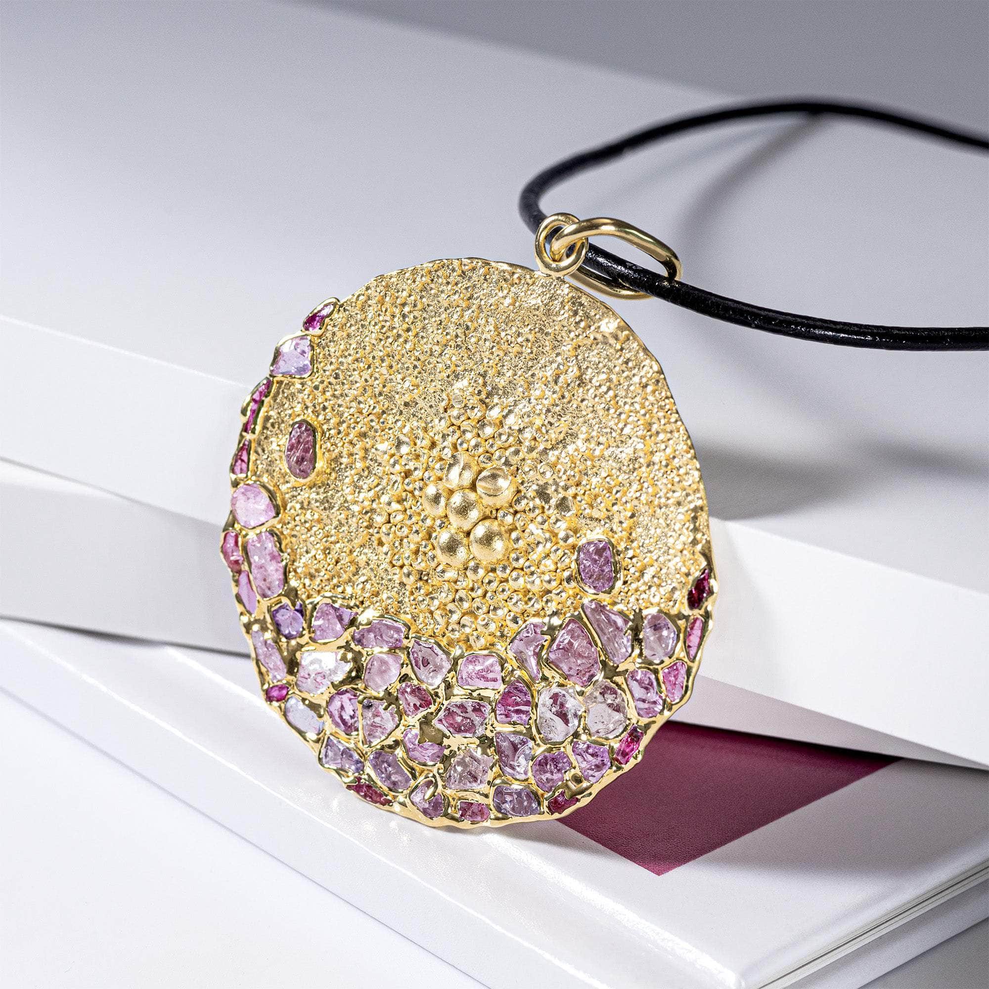 Hera Disc Pendant in 14K Gold-Plated Silver with Organic Texture and 48 Raw Pink Sapphire and Ruby Gemstones