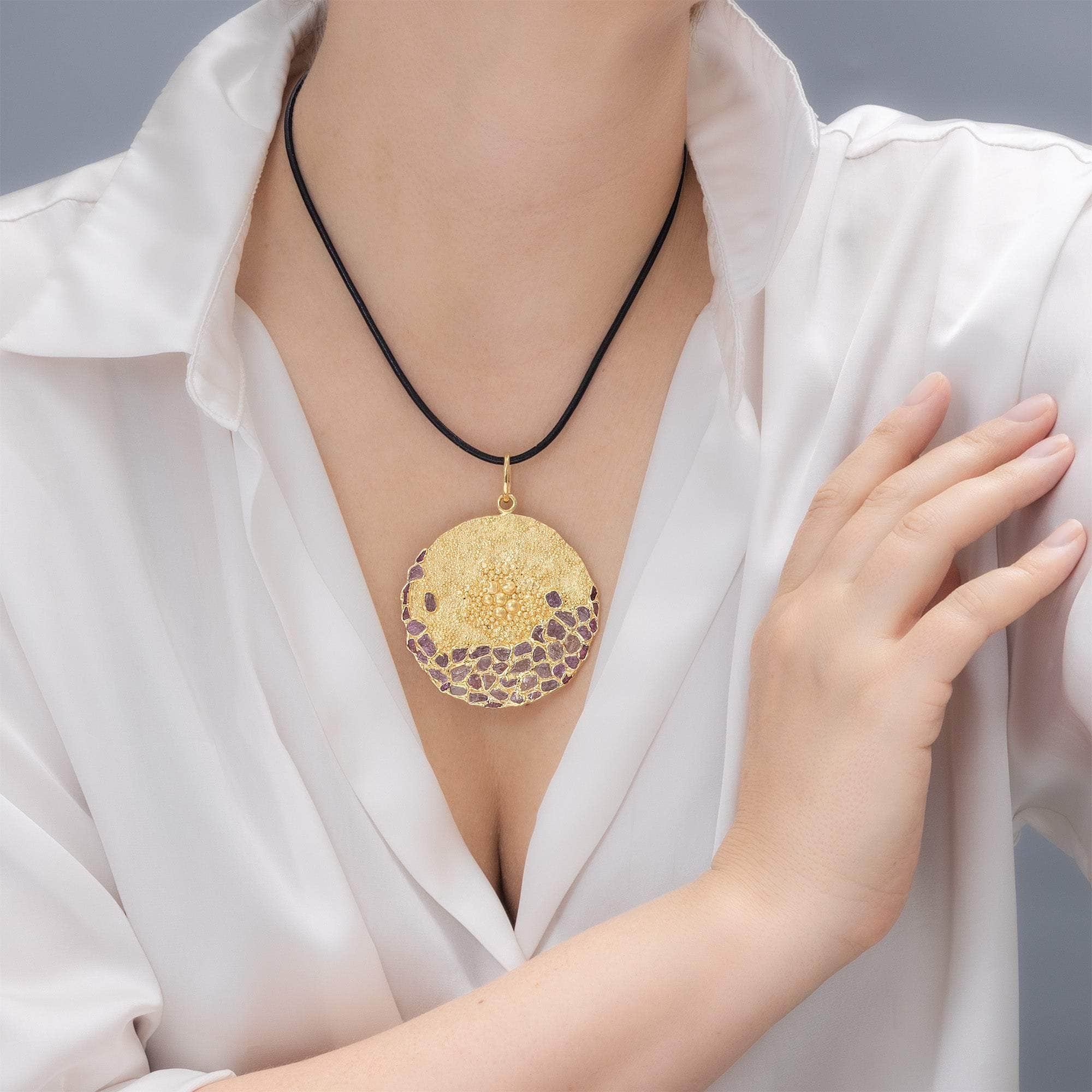 Hera Disc Pendant in 14K Gold-Plated Silver with Organic Texture and 48 Raw Pink Sapphire and Ruby Gemstones