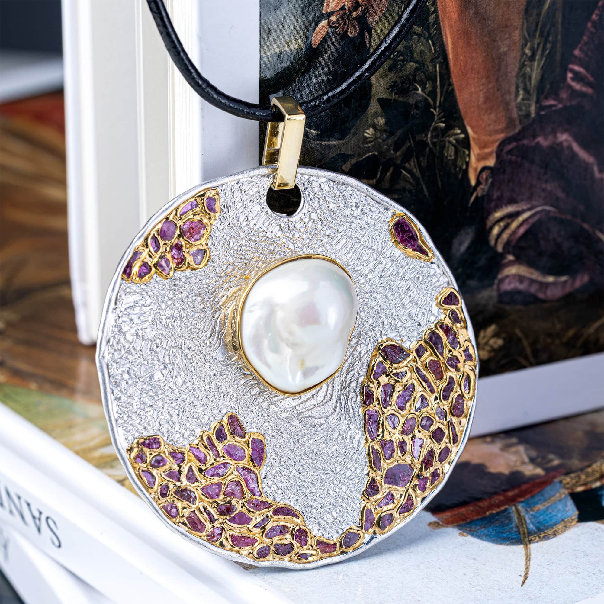 Ceres Singular Edition Silver Disc Pendant with Baroque Pearl & Rough Ruby