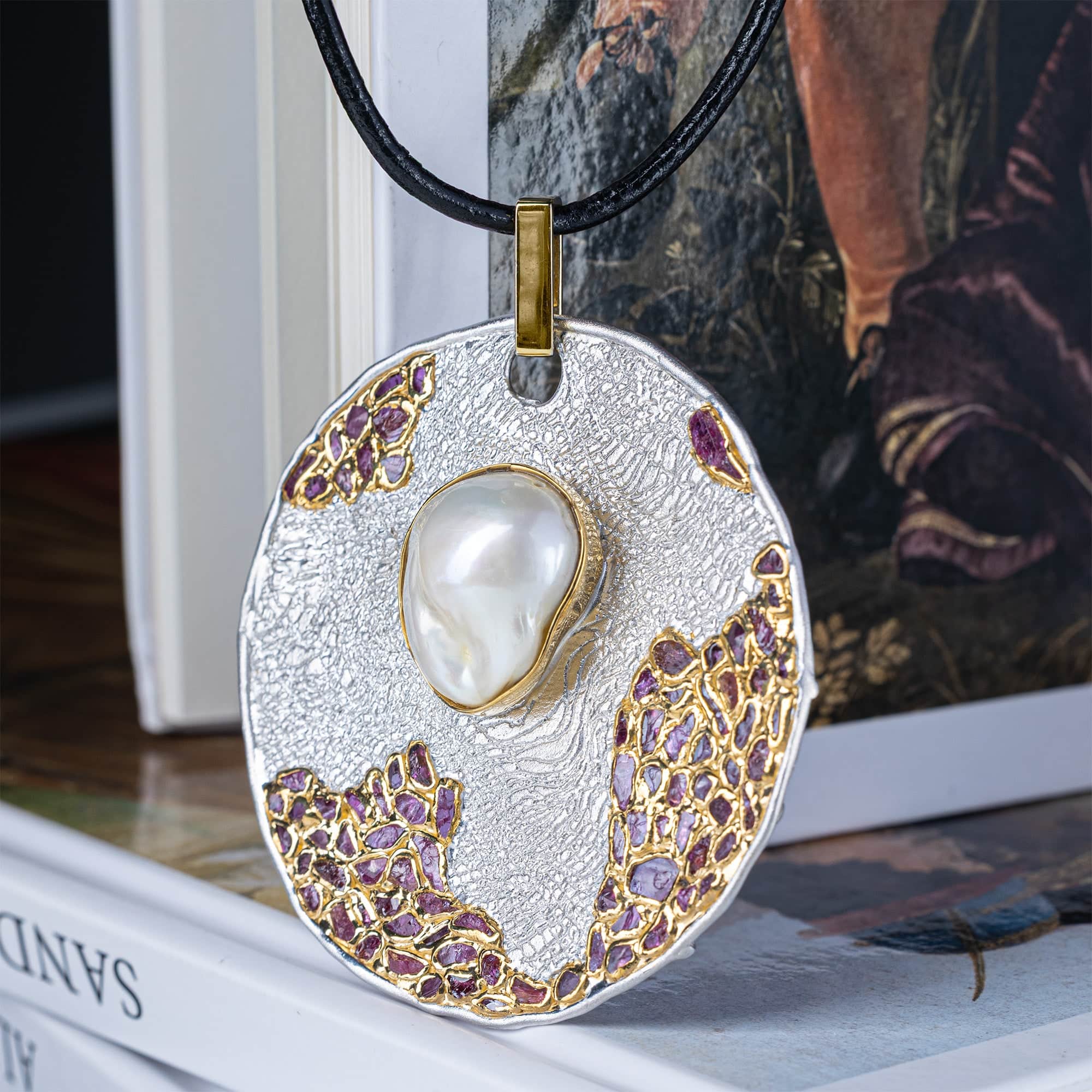Ceres Singular Edition Silver Disc Pendant with Baroque Pearl & Rough Ruby