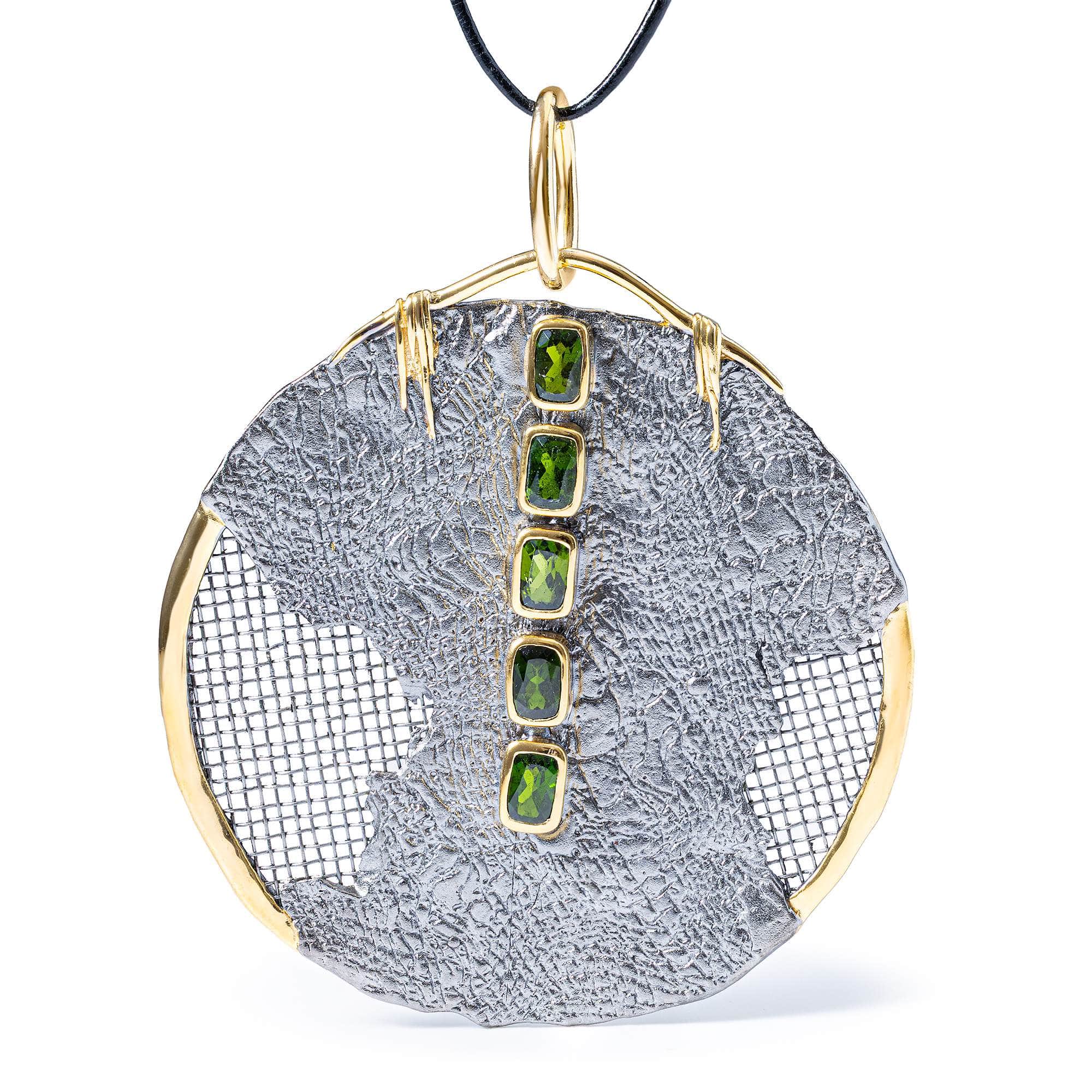 Monad Sterling Silver Pendant with Titanium Mesh and Chrome Diopside