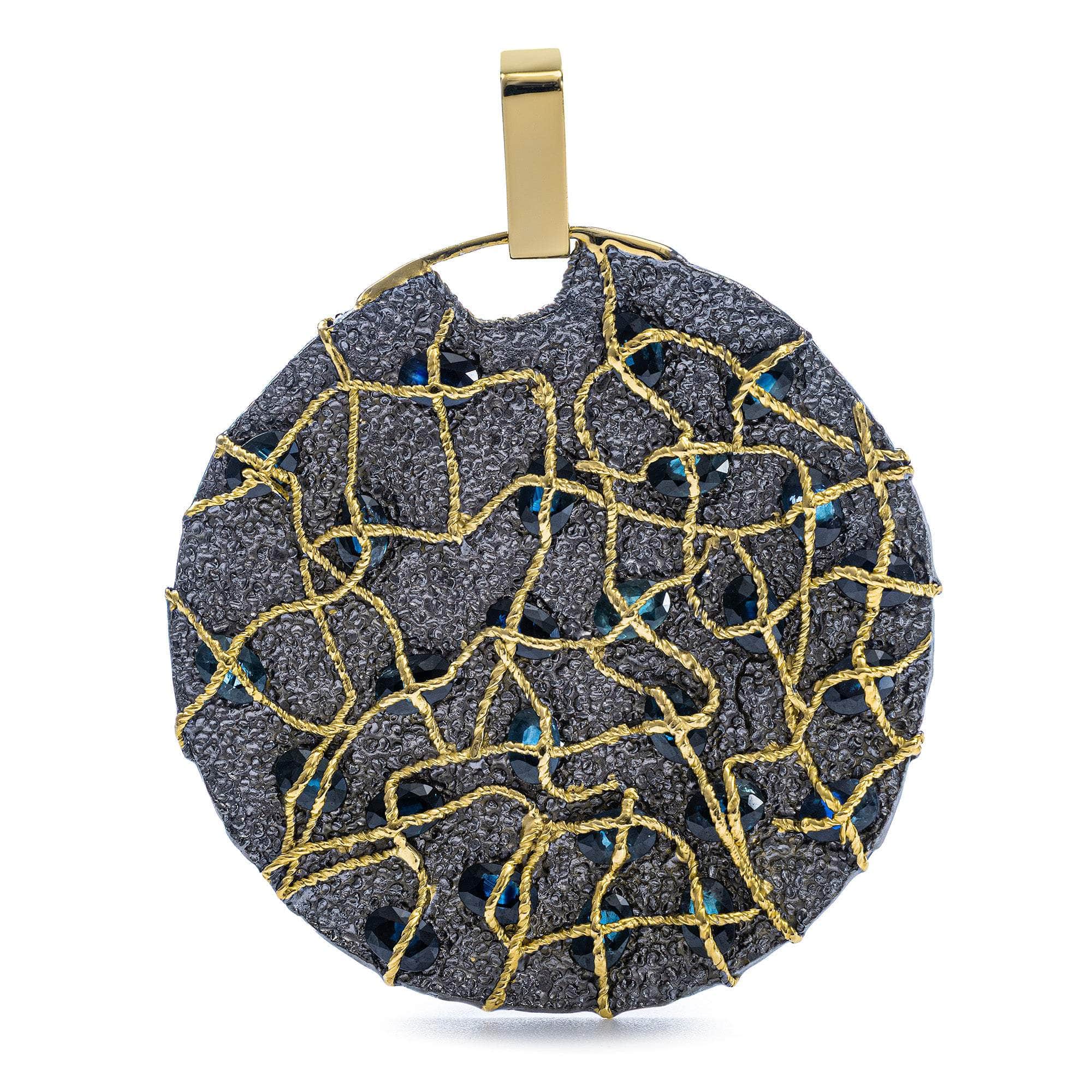 Astarte One of a Kind Disc Pendant in Ruthenium and 14K Gold Plated Sterling Silver with Blue Sapphires