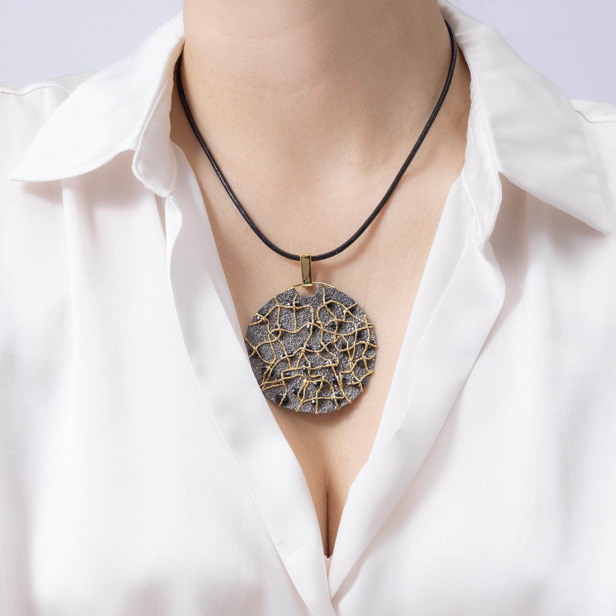 Astarte One of a Kind Disc Pendant in Ruthenium and 14K Gold Plated Sterling Silver with Blue Sapphires