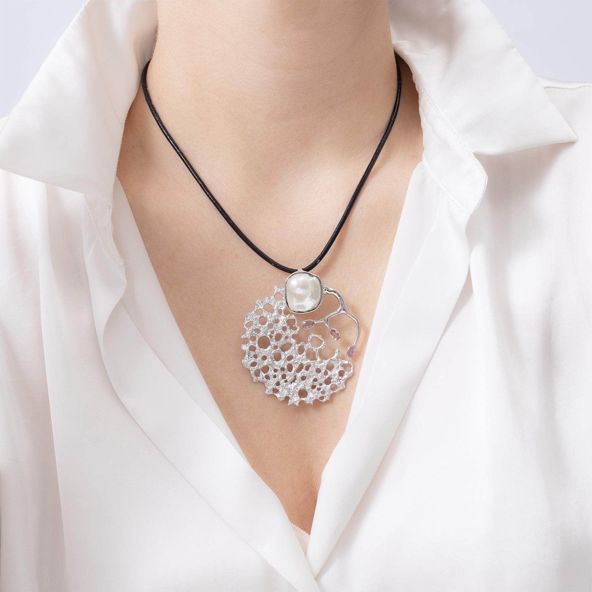 Elara One of a Kind Pendant in Sterling Silver with Freshwater Baroque Pearl and Pink Sapphires