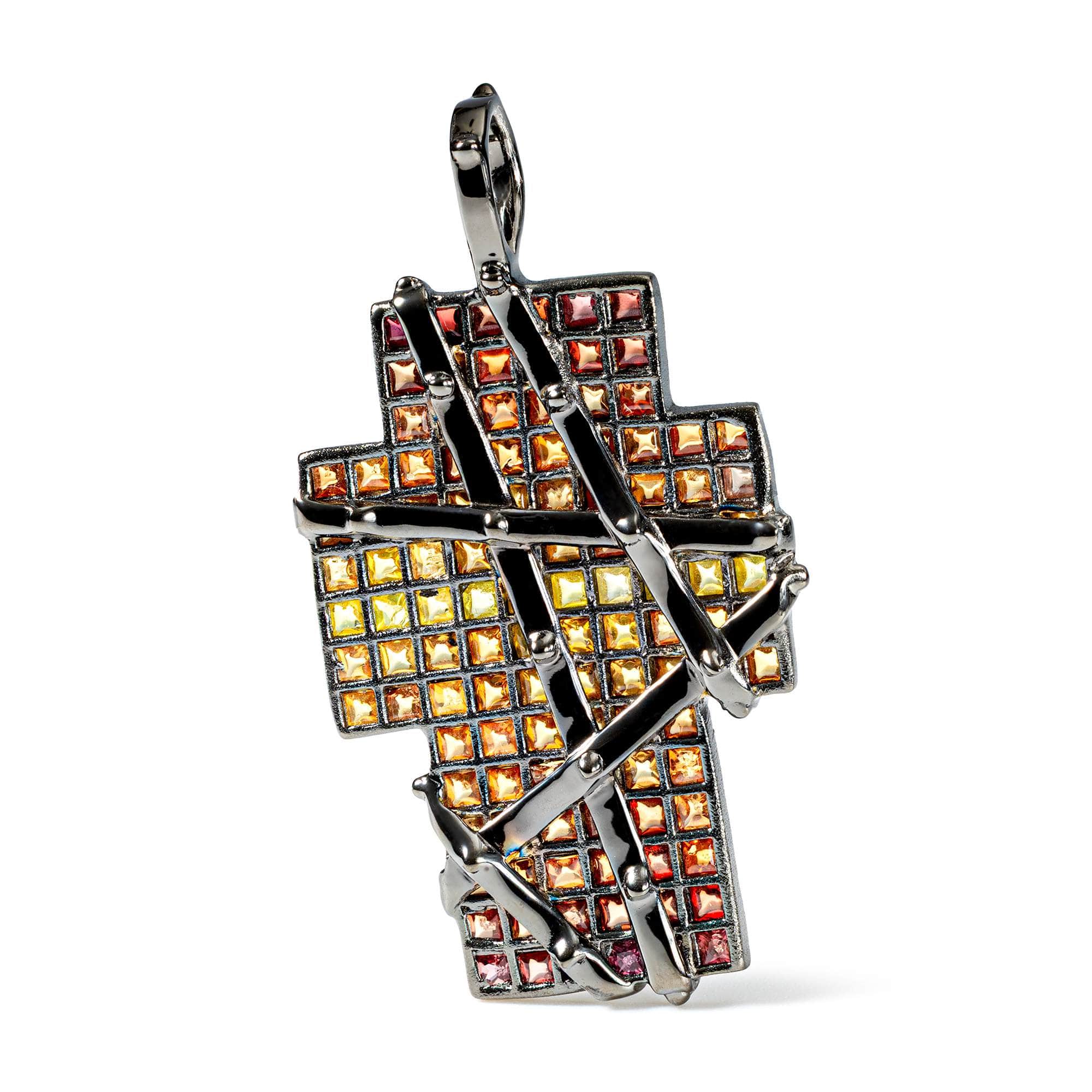 Numen Sapphire Cross Pendant in Black Ruthenium Sterling Silver