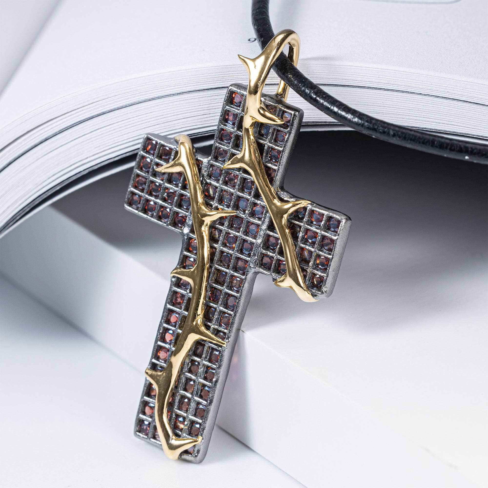 Inann One of a Kind Cross Pendant in Black Ruthenium and Gold Plated Sterling Silver with Rhodolite Garnets
