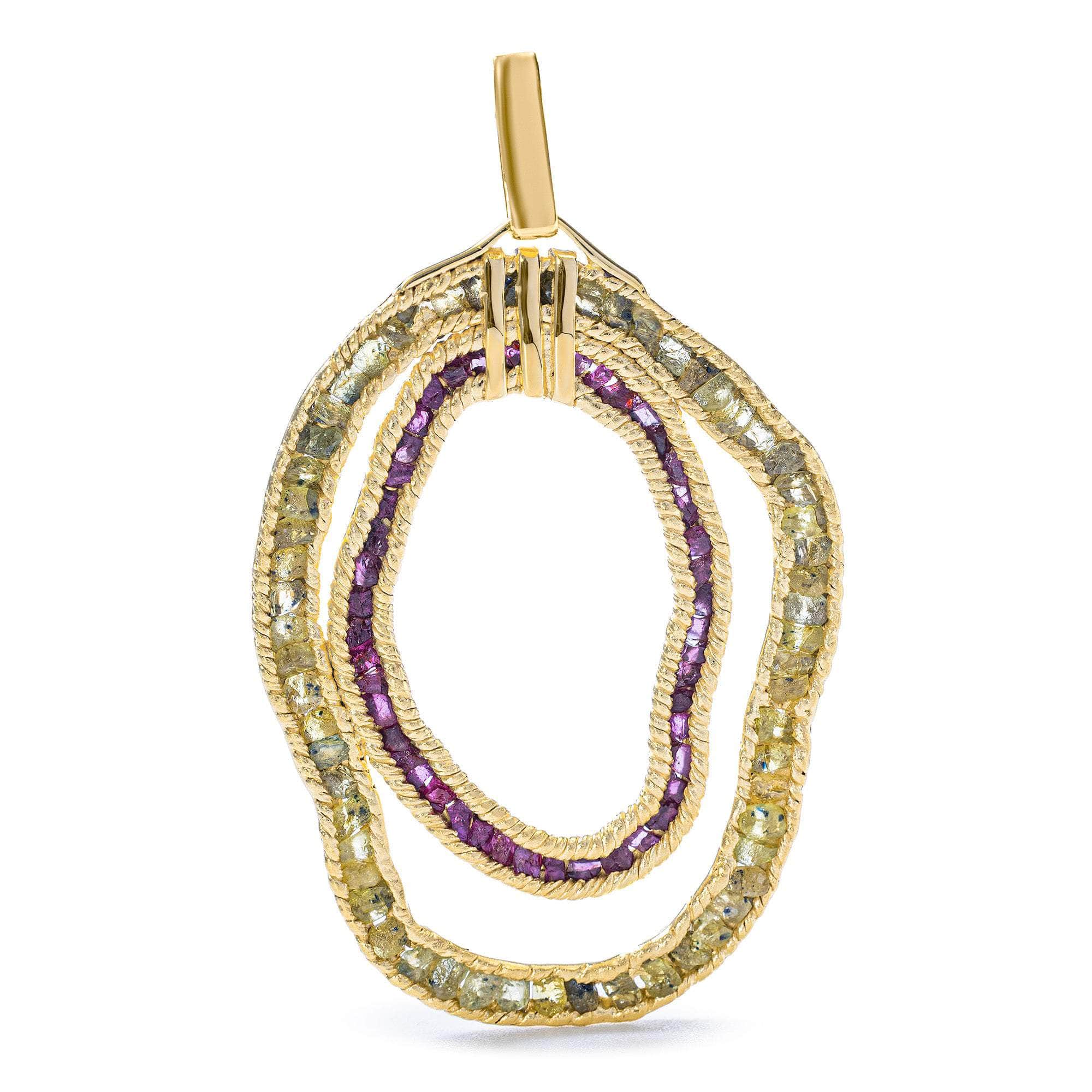 Astraea One of a Kind Pendant in 14K Gold Plated Sterling Silver with Raw Ruby and Raw Yellow Sapphire Circles