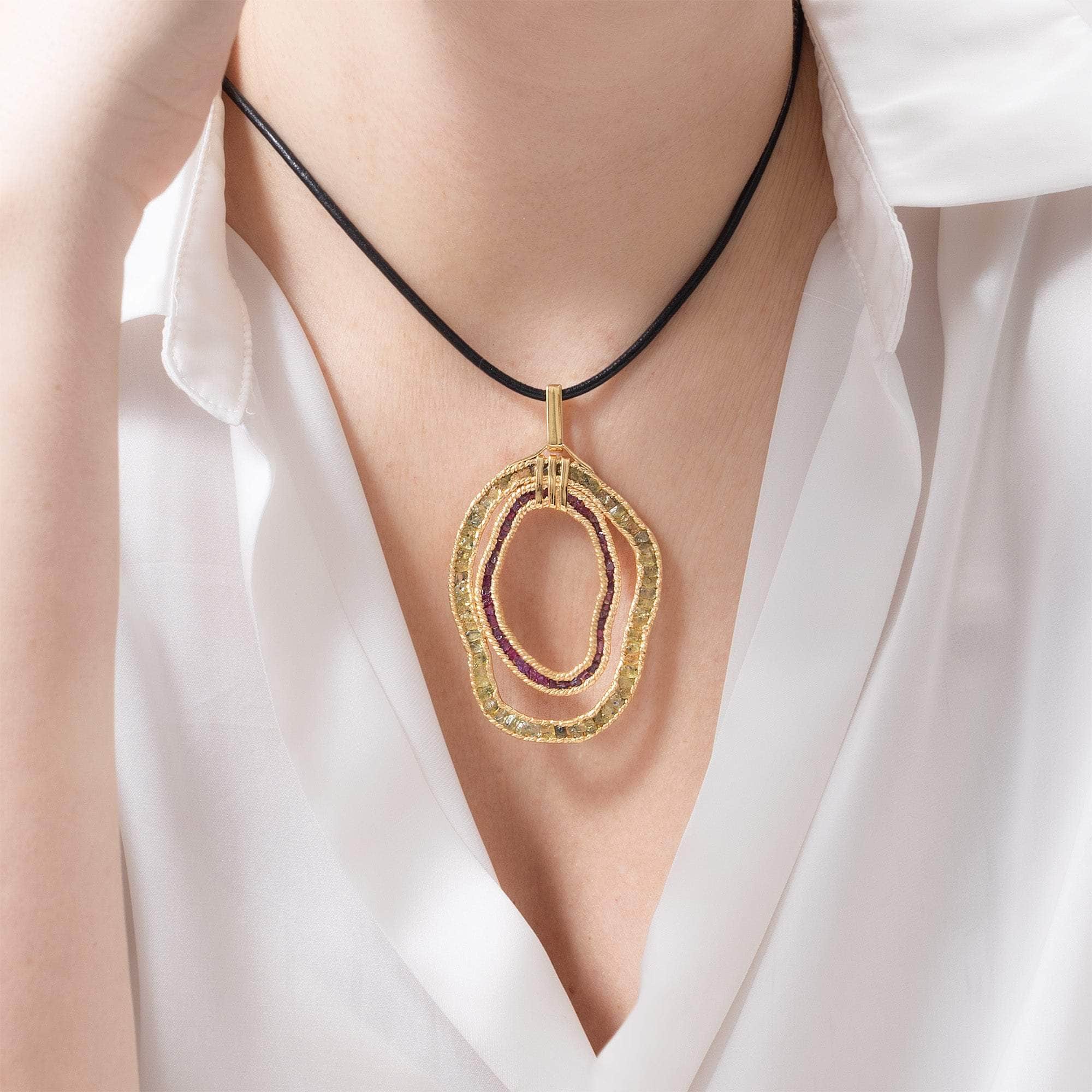 Astraea One of a Kind Pendant in 14K Gold Plated Sterling Silver with Raw Ruby and Raw Yellow Sapphire Circles