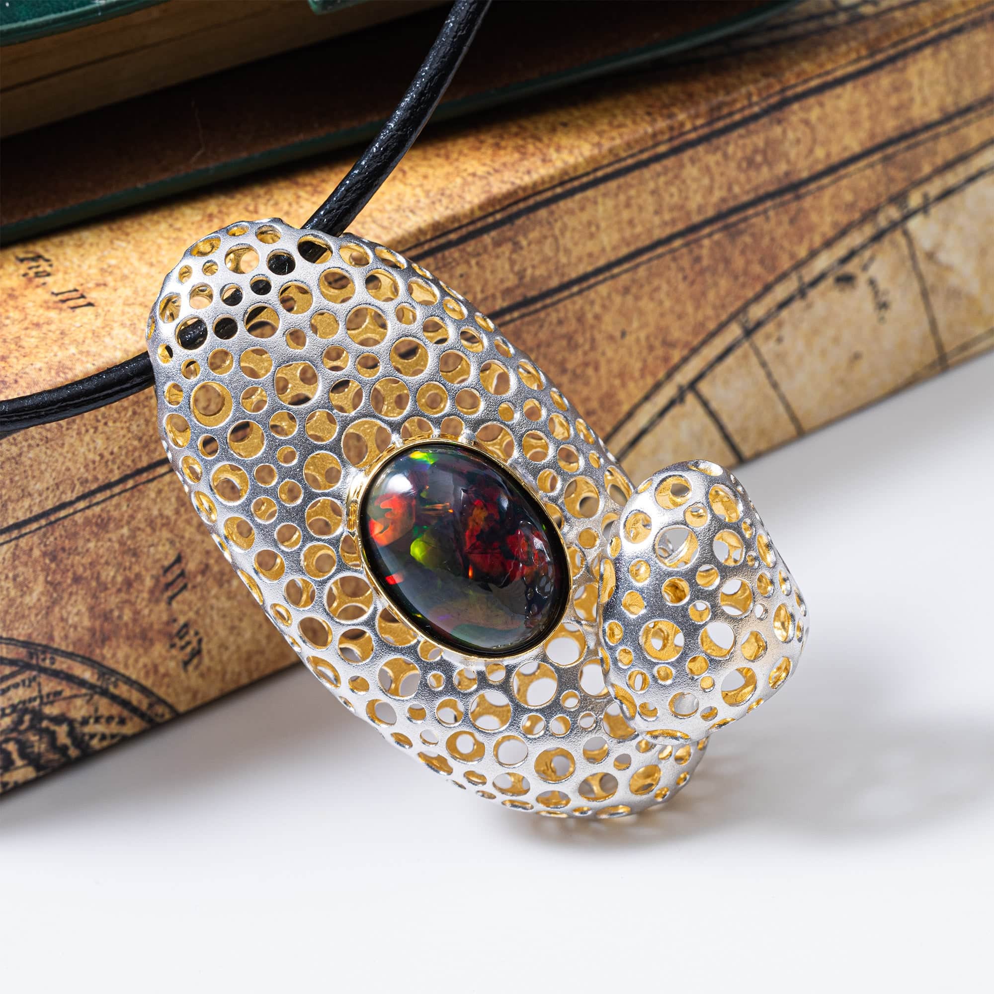 Terran Handcrafted Singular Edition Silver Pendant with Black Opal Cabochon