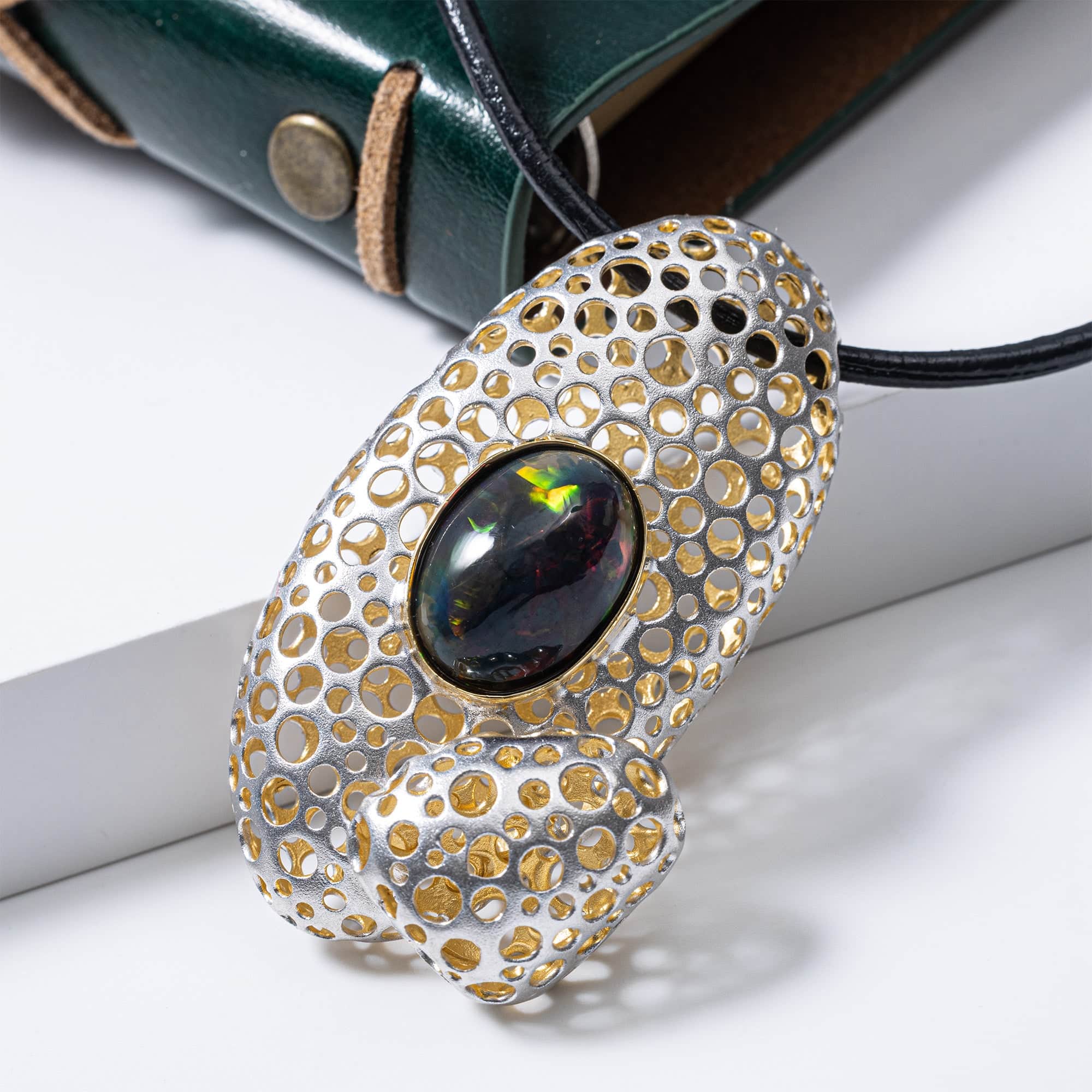 Terran Handcrafted Singular Edition Silver Pendant with Black Opal Cabochon