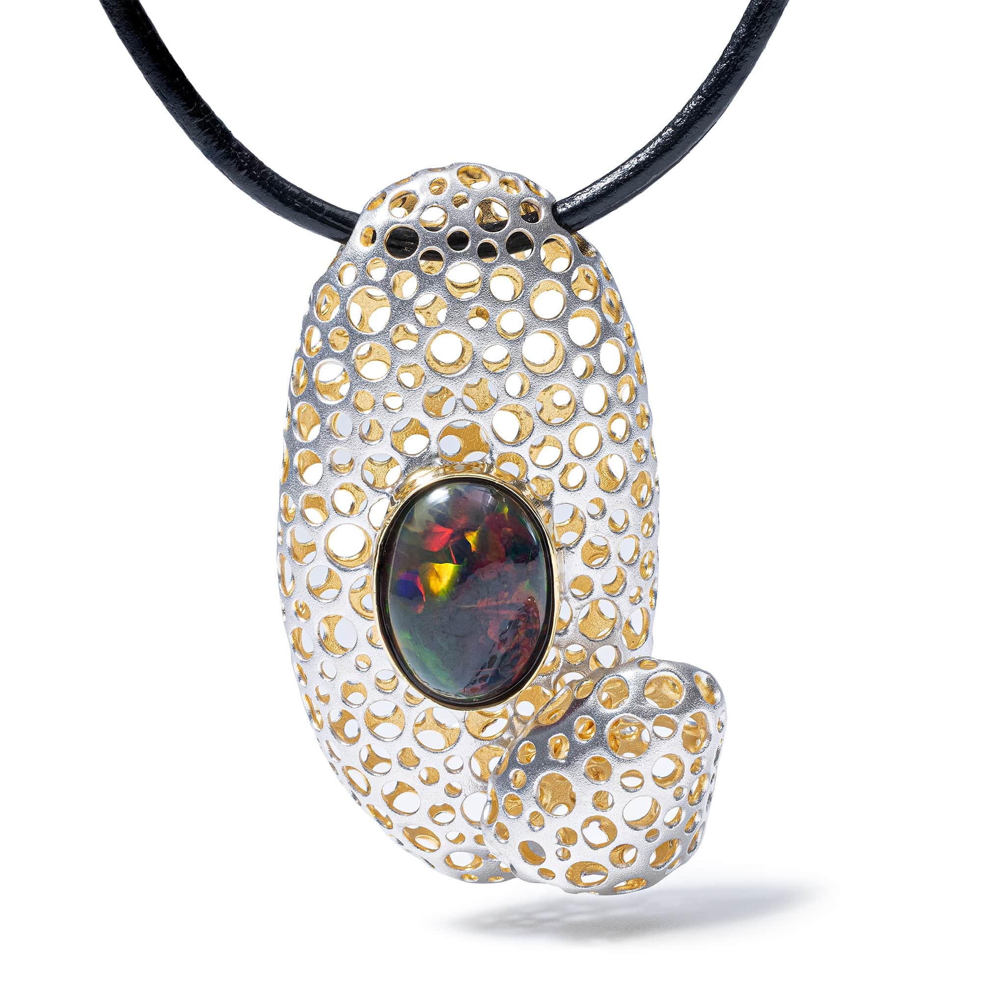 Terran Handcrafted Singular Edition Silver Pendant with Black Opal Cabochon