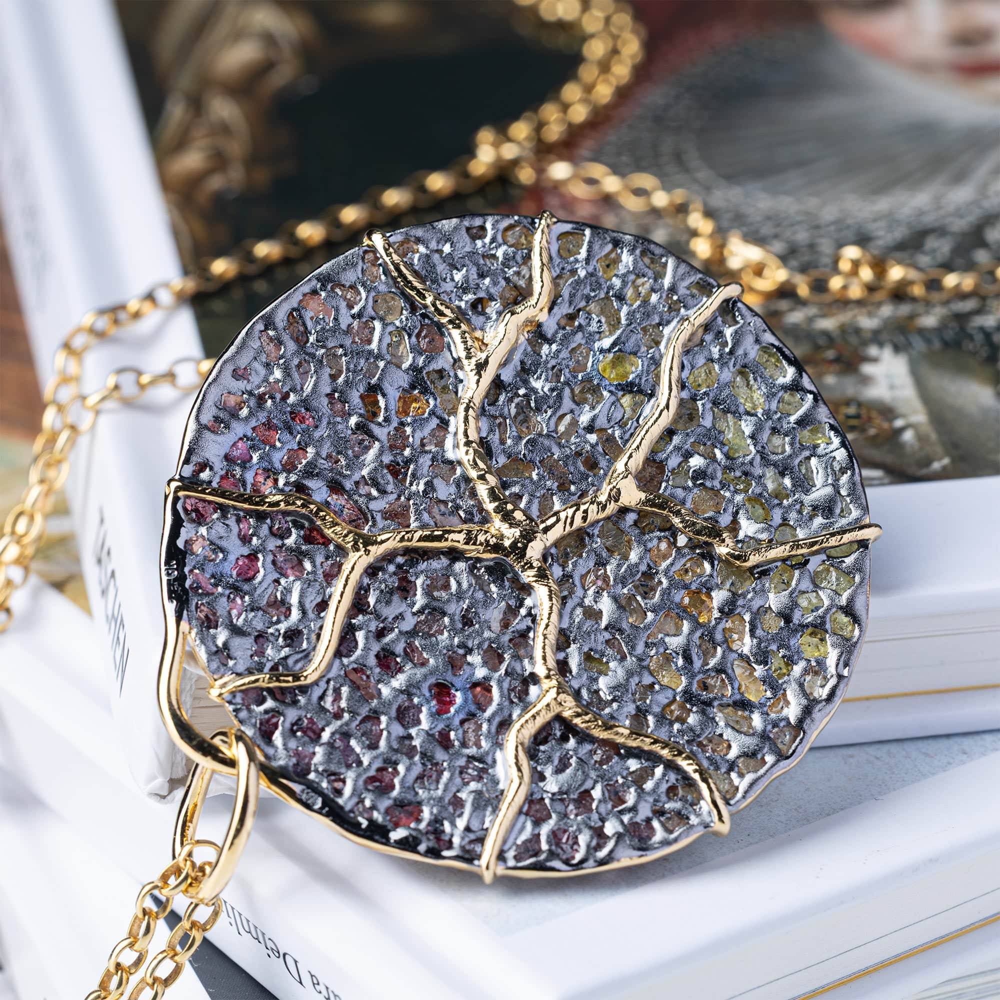Tholos Singular Edition Disc Pendant with Rough Spessartine Garnets & Yellow Sapphires