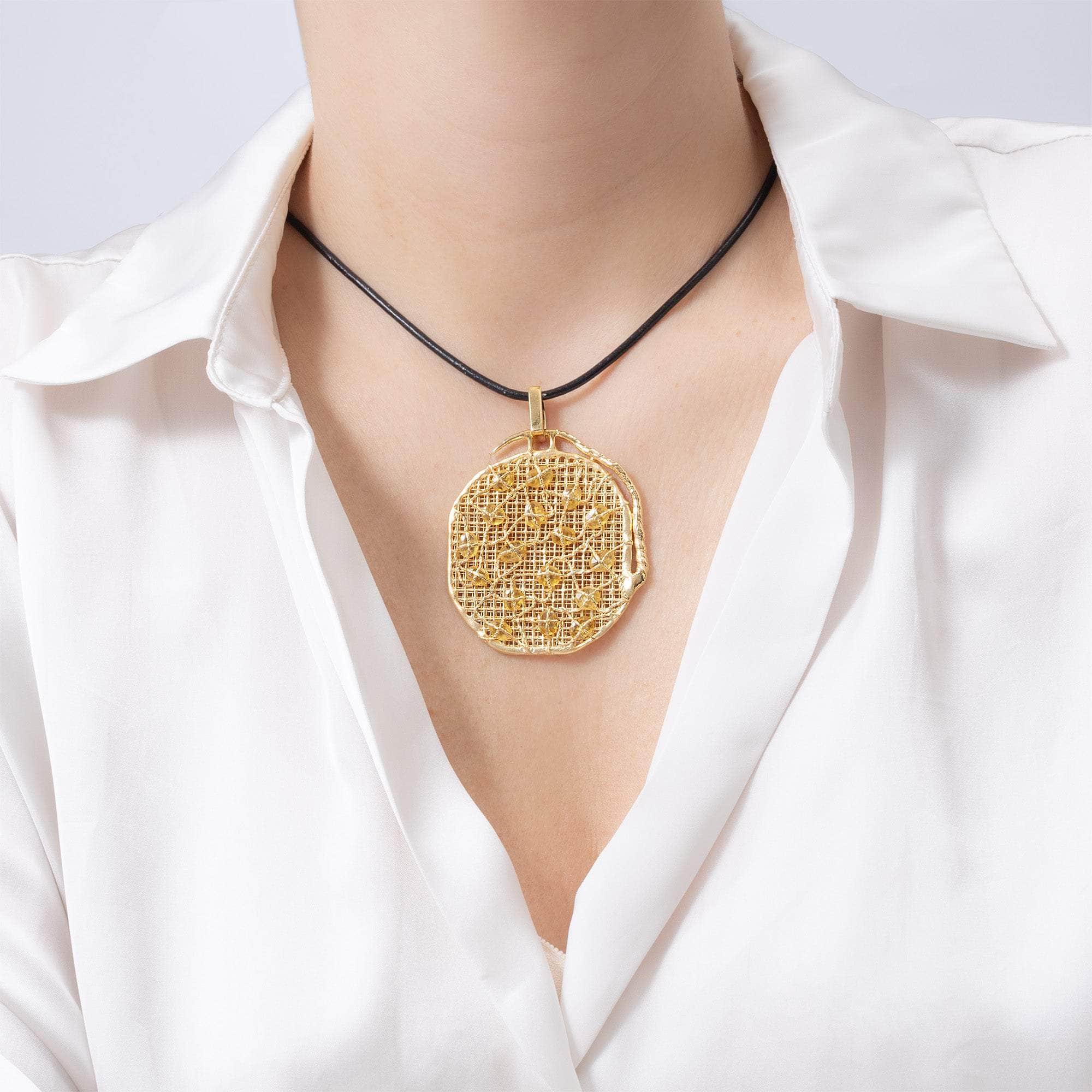 Lorelei One of a Kind Disc Pendant in 14K Gold Plated Sterling Silver with Yellow Sapphires