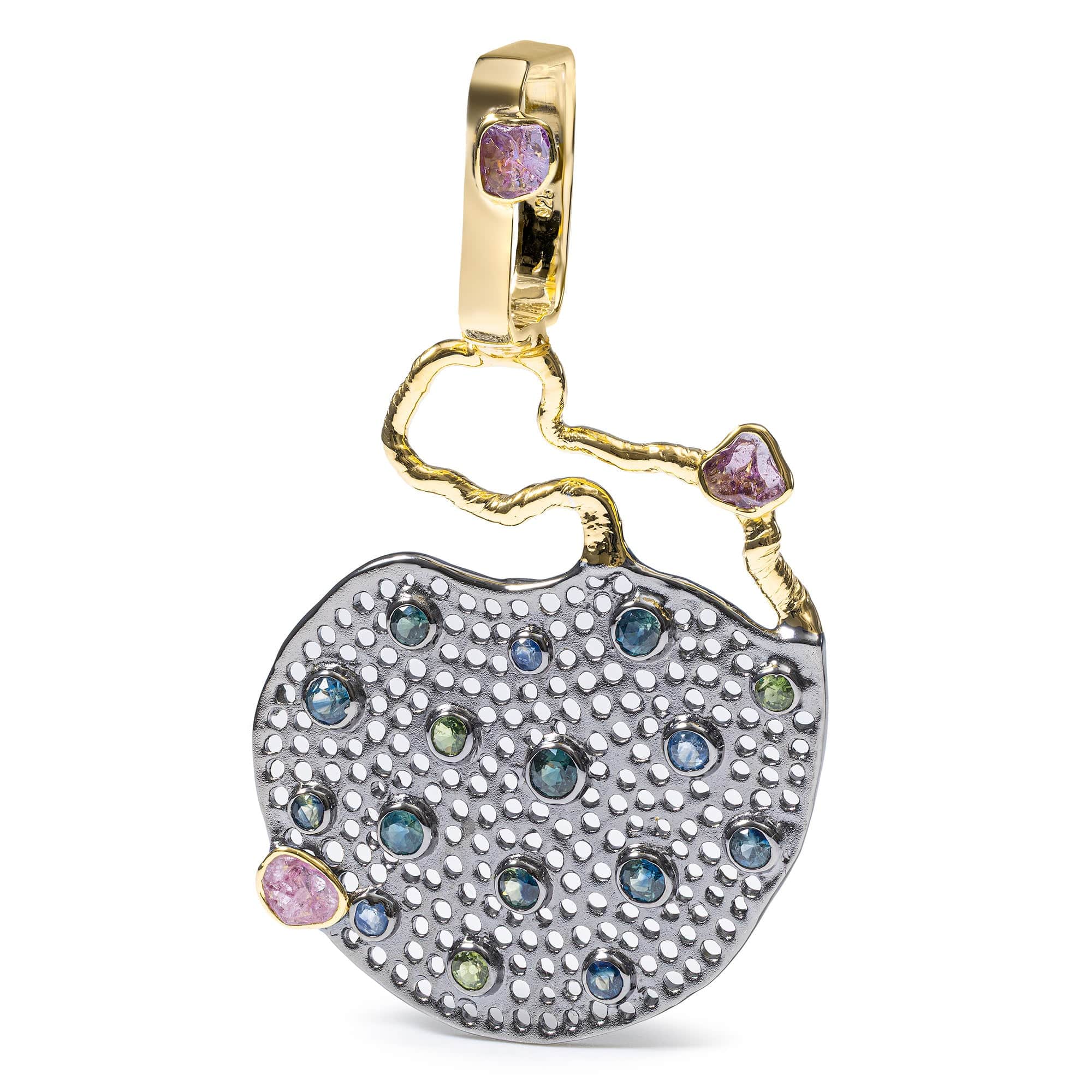 Nota Singular Edition Silver Pendant With Raw Pink Sapphire & Green & Blue Sapphires