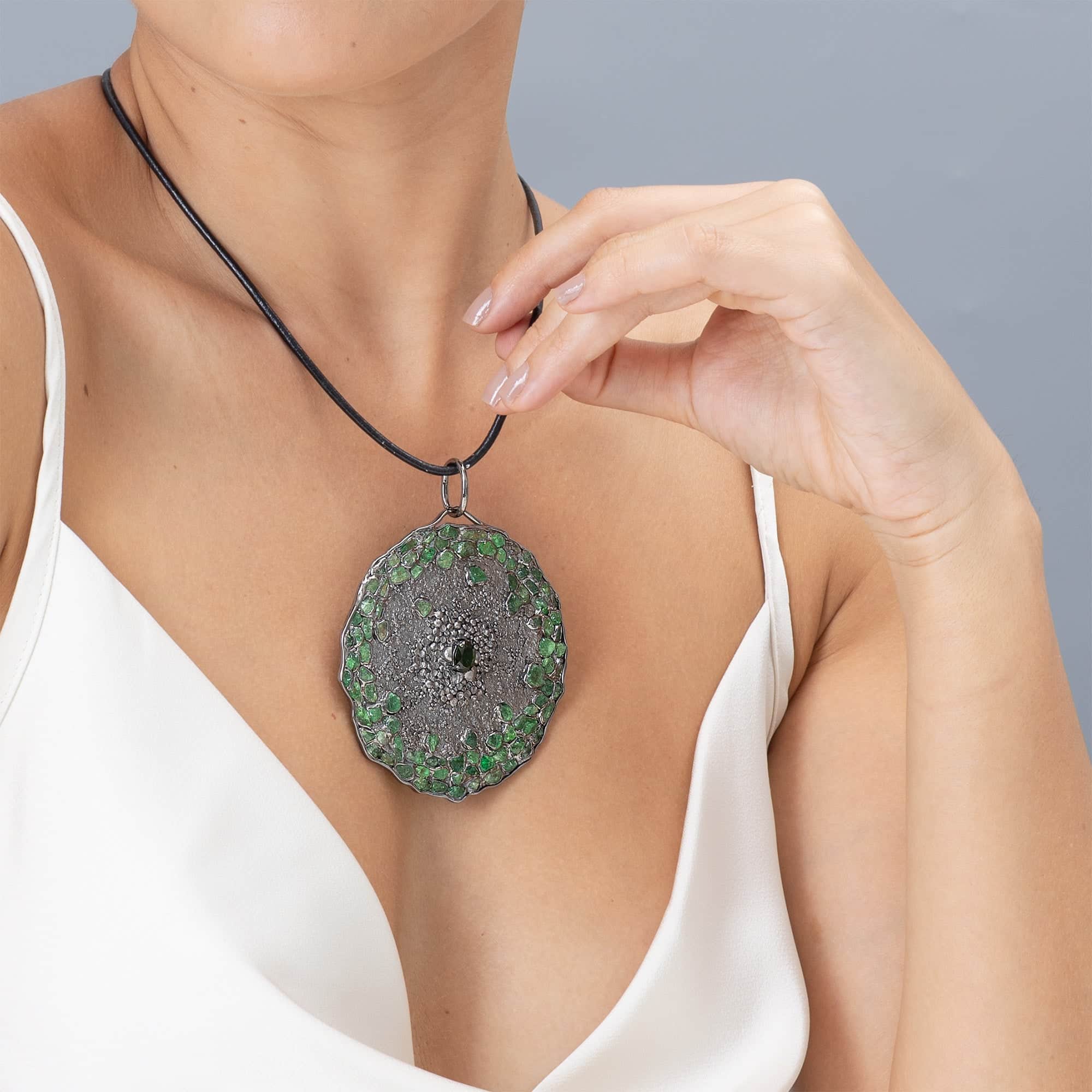 Alfee Singular Sterling Silver Pendant With Chrome Diopside & Tsavorite