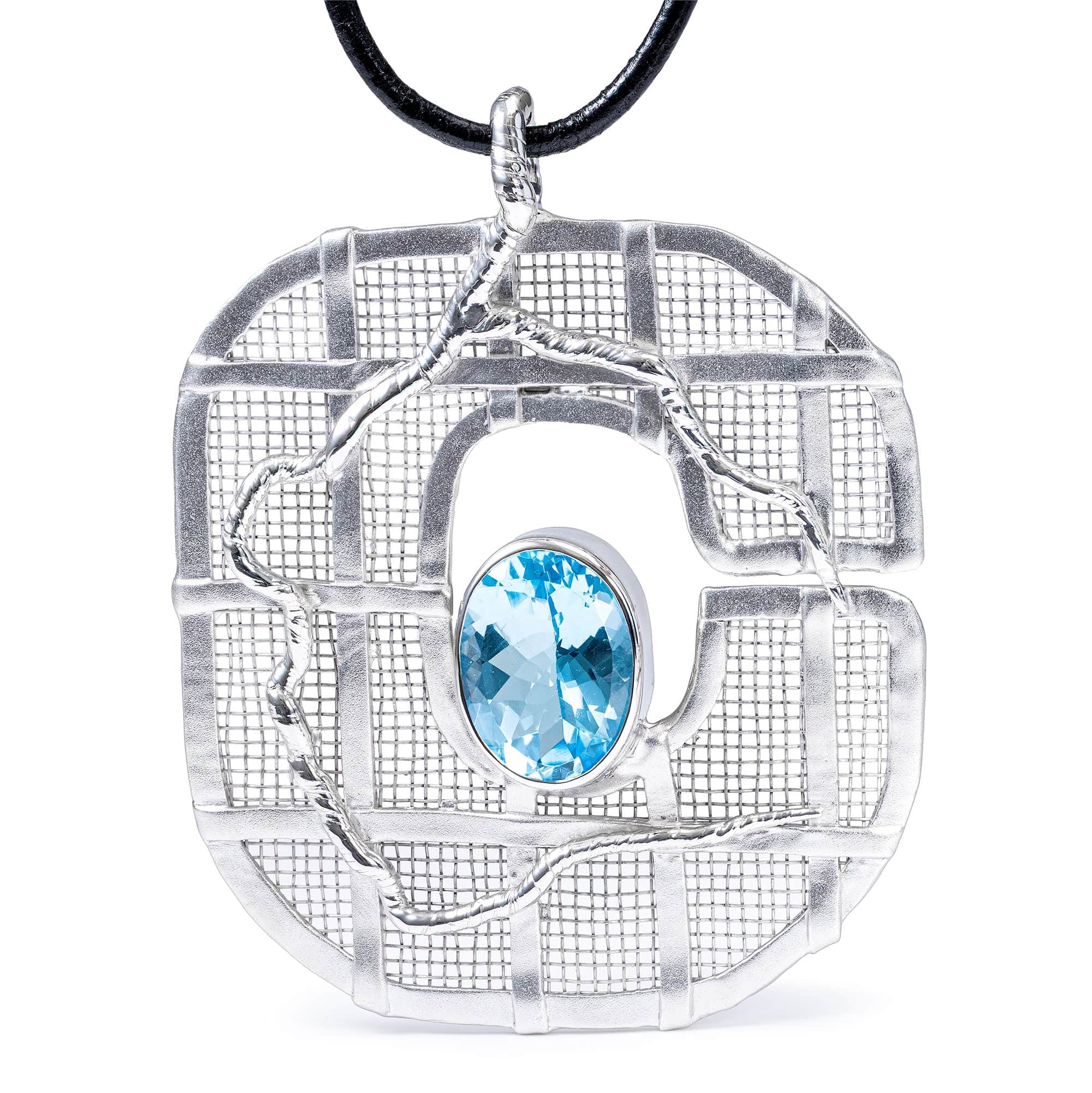 Eriu Singular Edition Silver & Titanium Mesh Pendant With Blue Topaz